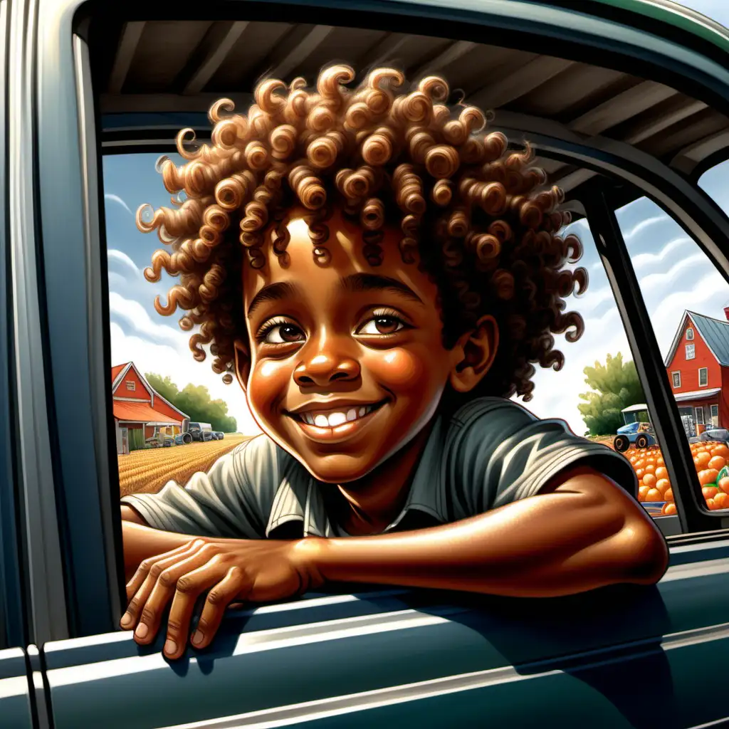 ernie Barnes style cartoon african american 10 year old boy with curly hair smiling looking out the window in the car on the way to the farmer's market