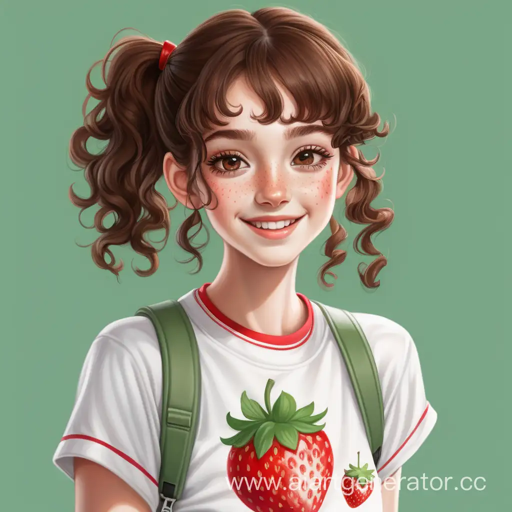 Girl, white skin, brown eyebrows, brown eyes, small eyes, Large hump on the nose, freckles, thin lips, brown hair, curly hair, short ponytail, tall, slender body, smile. White top with red, red strawberry print on the chest, green denim sherts, soft red sneakers, white stockings