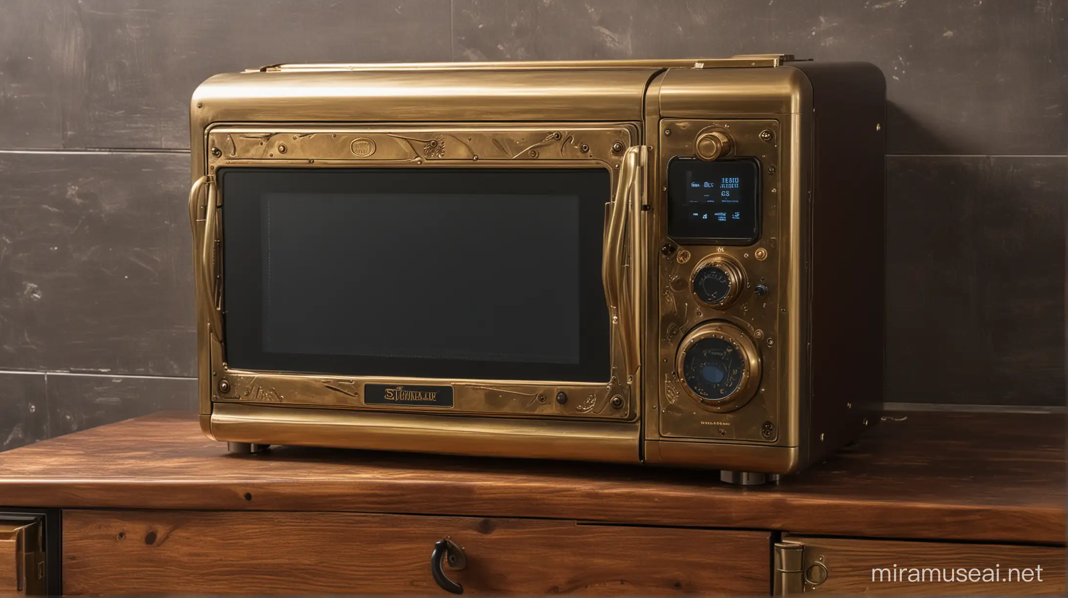 steampunk microwave oven on a cupboard in a steampunk kitchen, the oven made of brass and glass