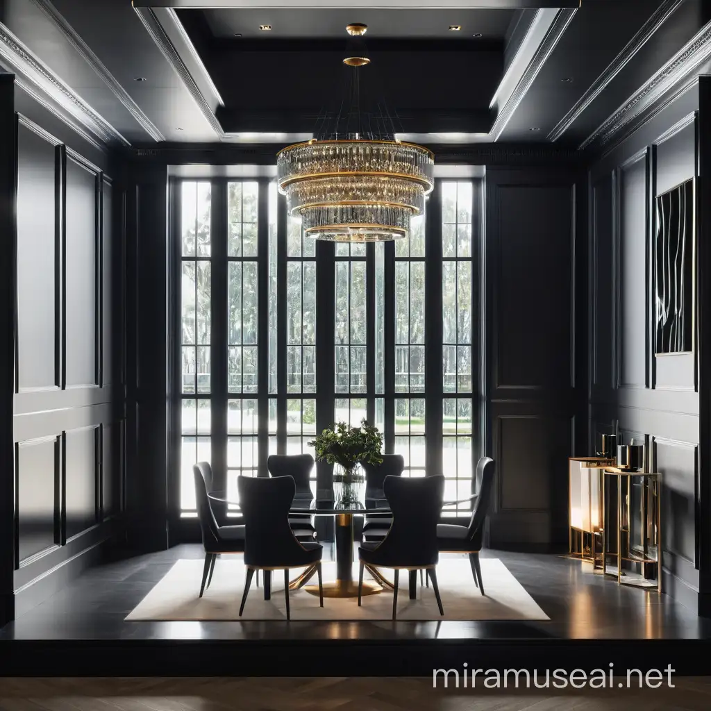 Luxurious Contemporary Glass Wall Paneling with Matte Black Aluminum and Artificial Lighting