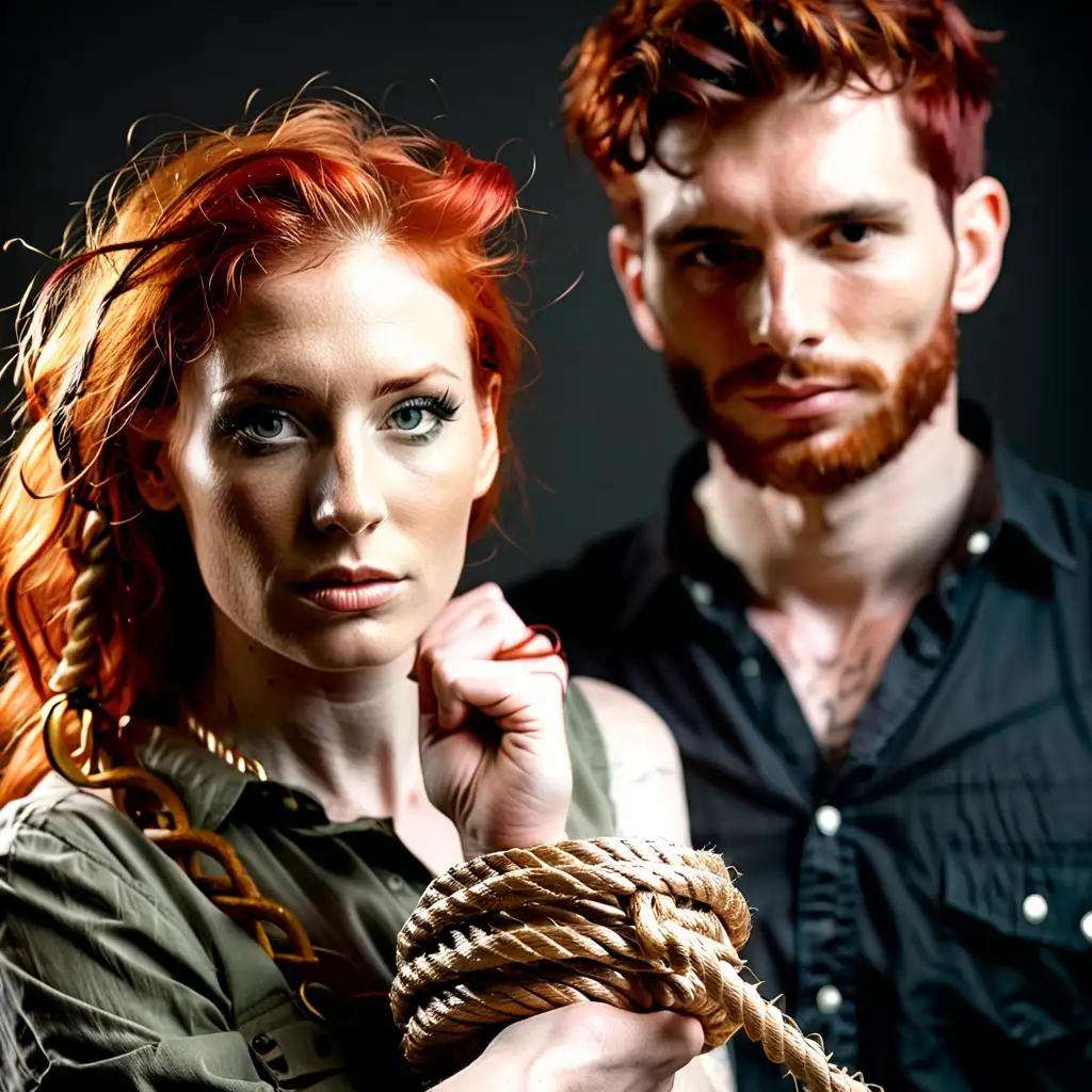 An attractive man in his late twenties with rope and a submissive woman with red hair