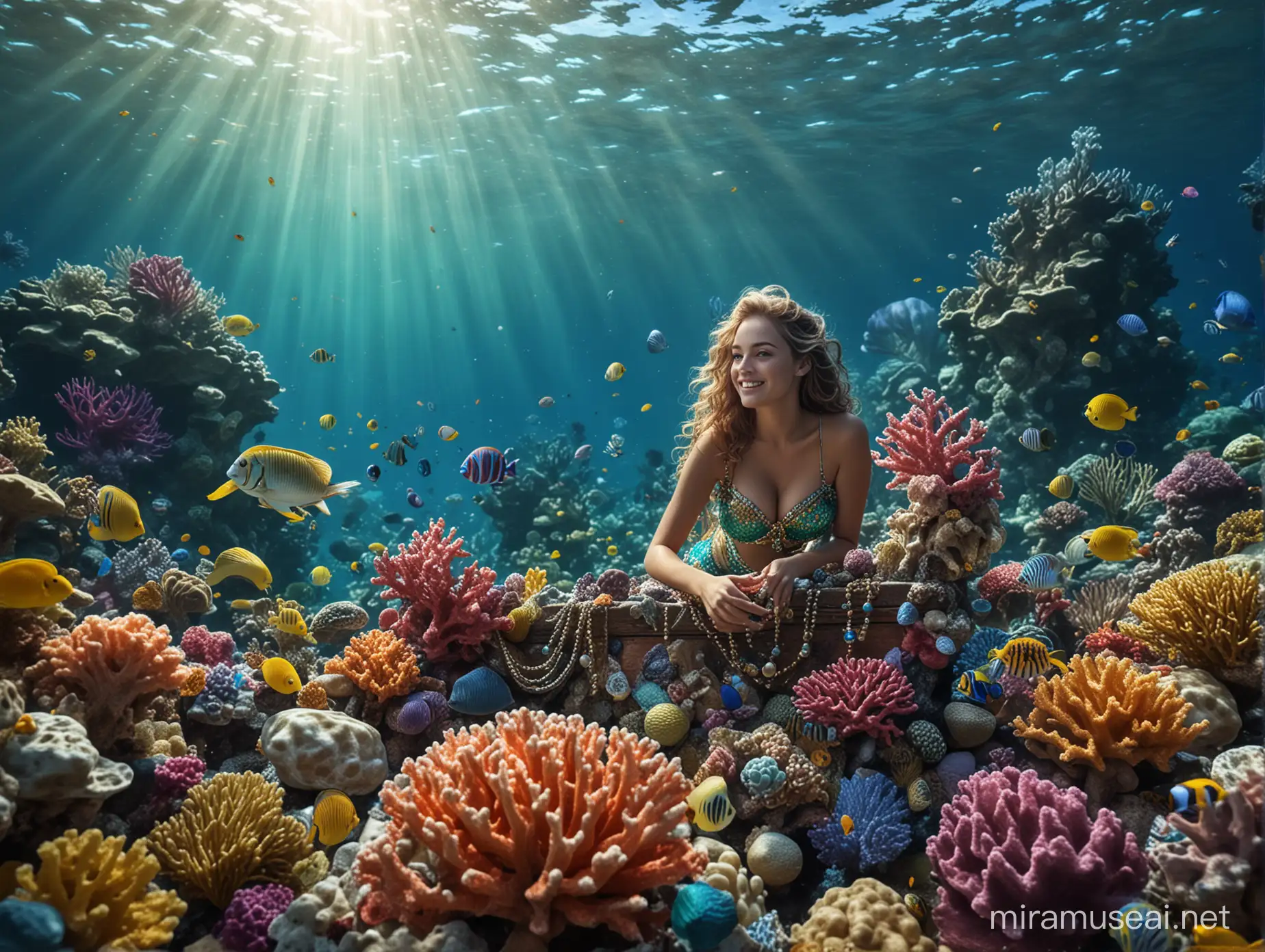 Underwater world, beautiful colorful corals, colorful fish, in the foreground a beautiful smiling mermaid offers a large pearl, in the background a chest full of treasures, jewelry, precious stones, gold, silver, sparkling, photorealistic, Nikon for D850, ultra realistic, high octane visualization, 8K