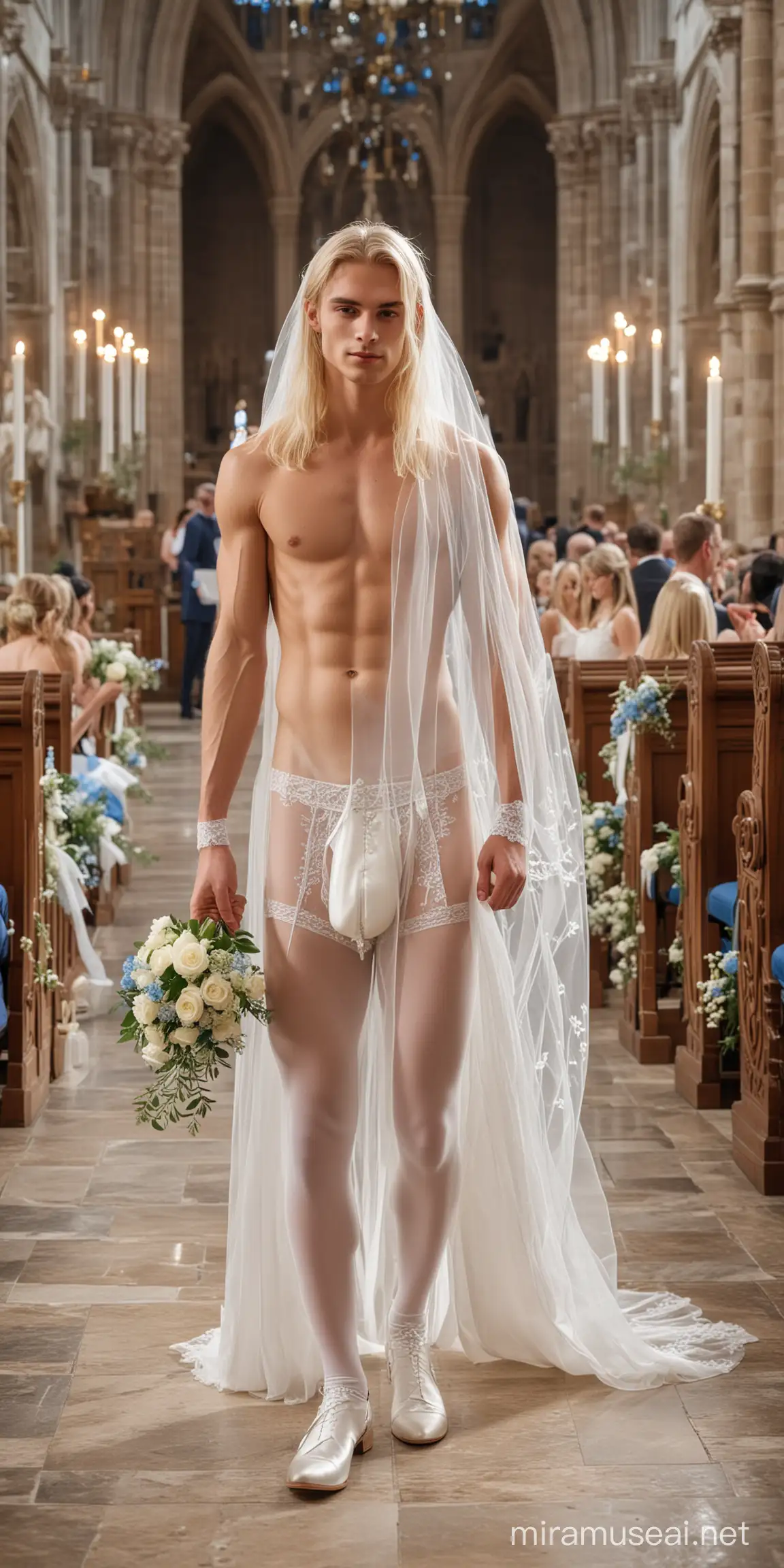 Handsome Young hot twink man as bride with beautiful, smooth slender body, long blonde hair, shirtless , oiled up, body glistening wearing lace white panties, has a white veil, white high heels, lace white stocking, blue garter, light gold jewelry, holding bouquet of white flowers, walking down the aisle ,background of old traditional cathedral