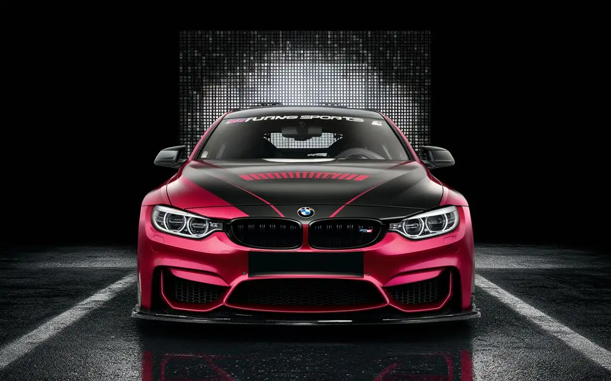 Red and black sports BMW M4 with tuning accessories, the background is black with some mosaic that lights up, and the view of the car is from the front