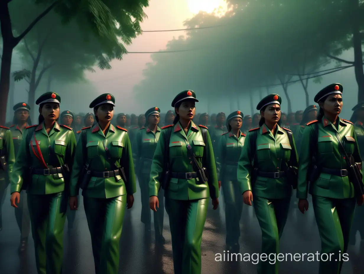 A feminist dictatorship done by the green maoists regime. Intricate details, reflective ray tracing, foggy, Twilight, Highly detailed Definition, dramatic light, portrayed in sharp, photorealistic details, ultrarealistic photo 8k