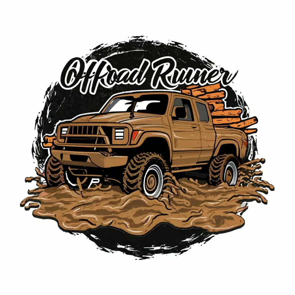 a logo design, with the text OFFROADRUNNERLGSAN, main symbol:MUDDY TRUCKS, MUD, OFFROAD MUD, MUDDY LOG, MUDDY ROAD, BIG TRUCK complex, to be used in Automotive industry, MUD background