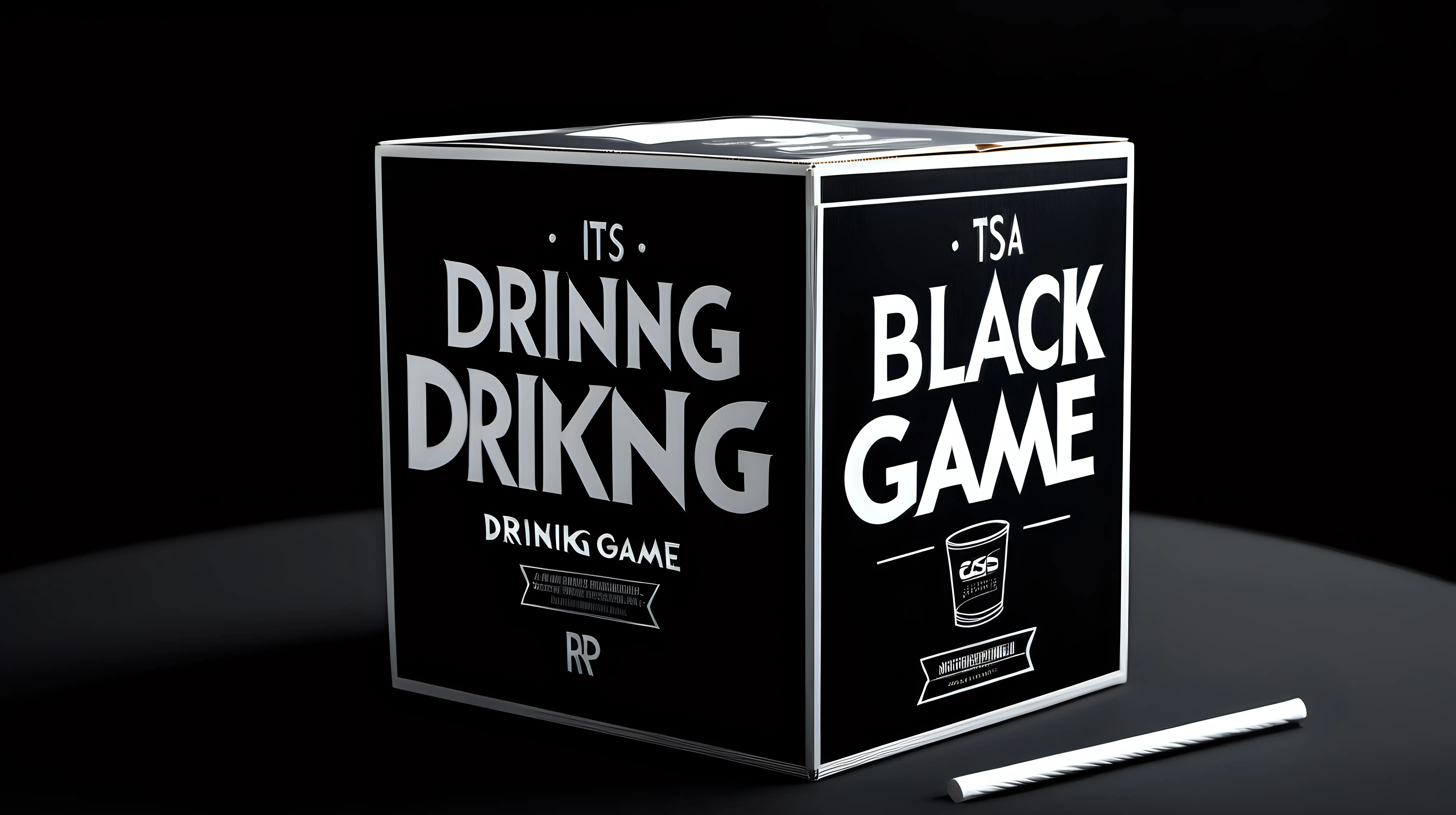 render a product photo for this
its a drinking guess game
the box is black but is cardboard
the sides are blank
the top has for the straws
the box black and white
with the background at a party
dark colors, men's fashion show look, luxury, streetwear, Cinematic, Color Grading, Depth of Field, Hyper-Detailed, Beautiful Color-Coded, Insane Details, Editorial Photography, Photorealistic, UHD, HDR, HD, Natural Lighting, Canon EOS R3, F1,4, ISO 200, 1160s, 32K, RAW, Pro Photo RGB, Bokeh, High Quality, 400MP, Megapixel, Super-Resolution