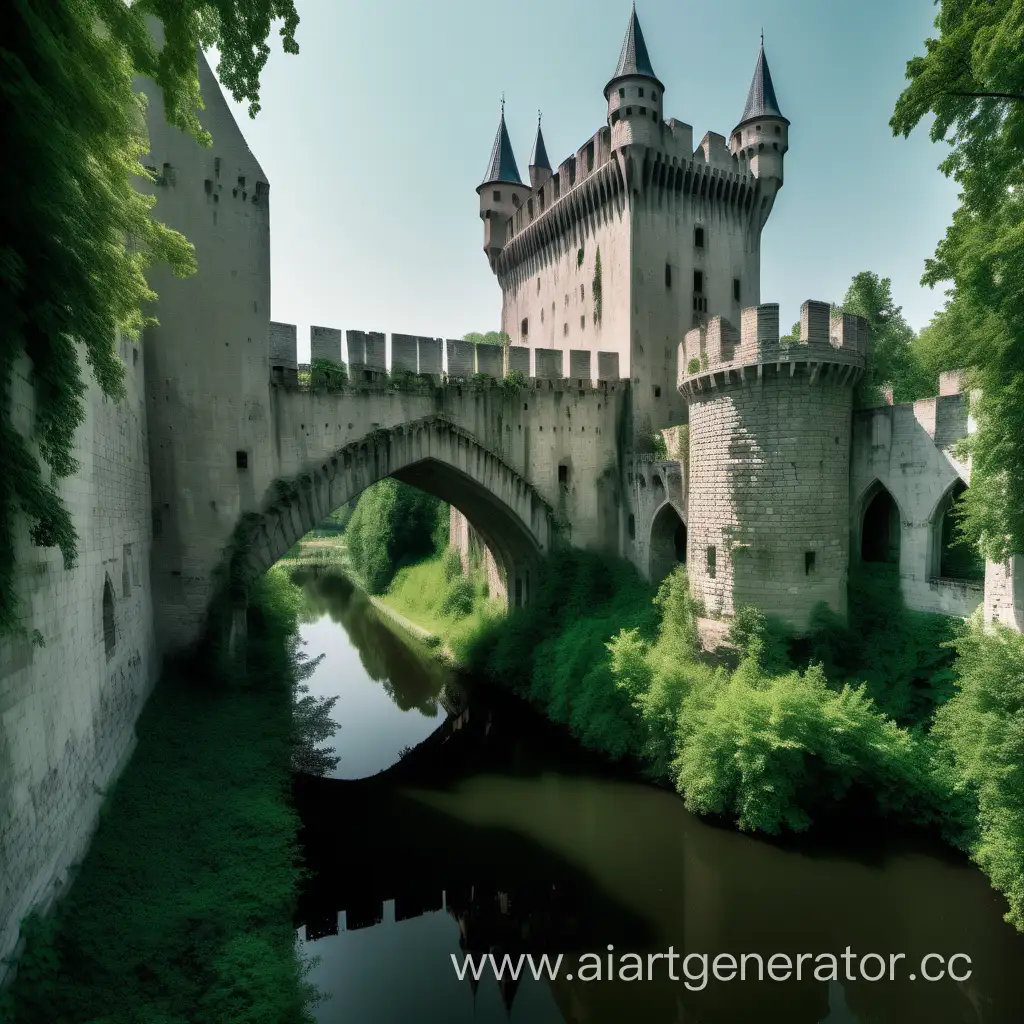 Ancient-Gothic-Castle-with-BattleScarred-Walls-and-Precipitous-Bridge