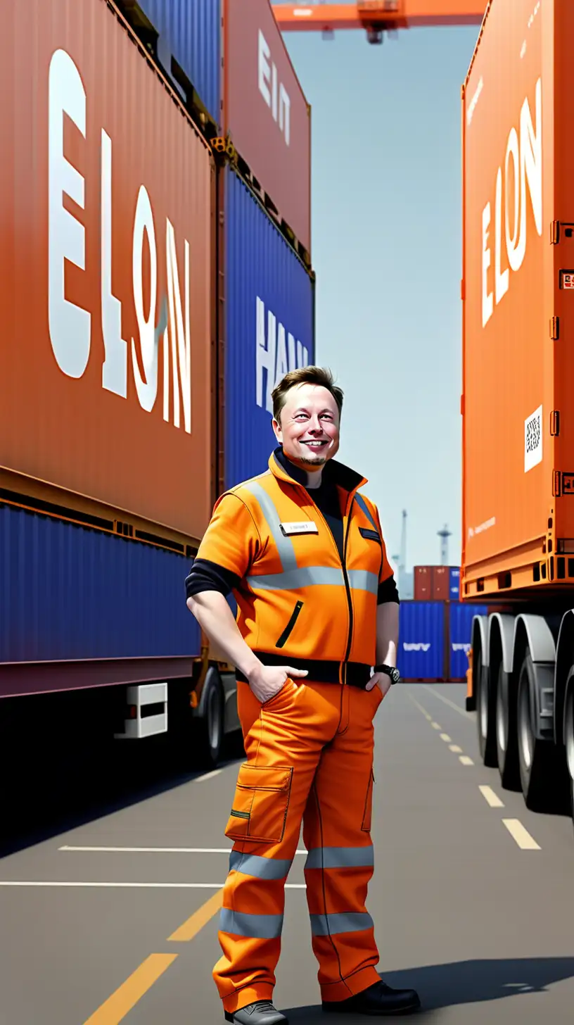 Elon musk in a orange safety  dockers outfit, on the back written 'haven van Antwerpen'  smiling at the hugh freight ships and helps unloading the cargo in the port of antwerp, everybody is happy when Elon is happy..