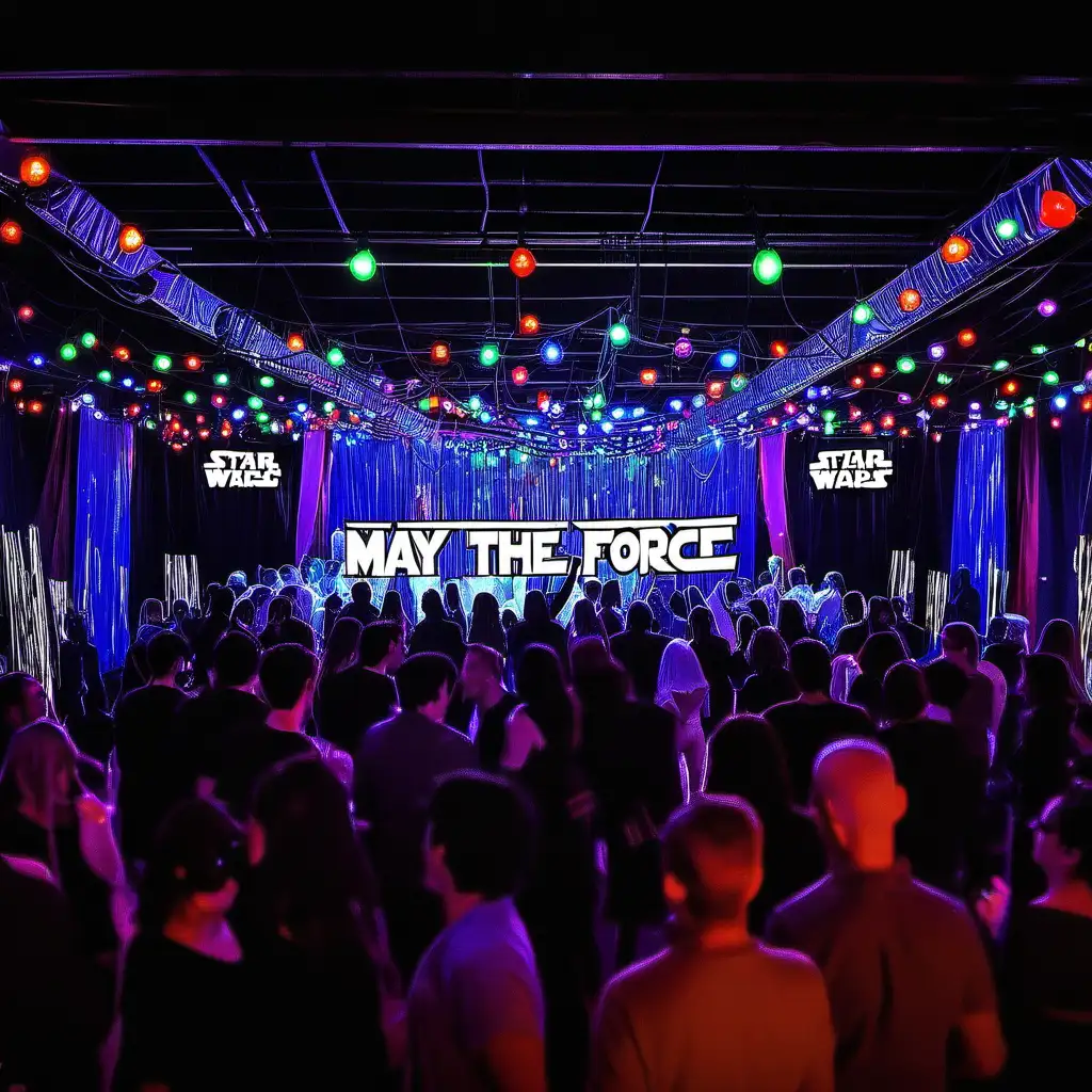 'may the force' Star Wars party - big stage with lots of coloured lights - Star Wars props and look to room with people dancing on dance floor