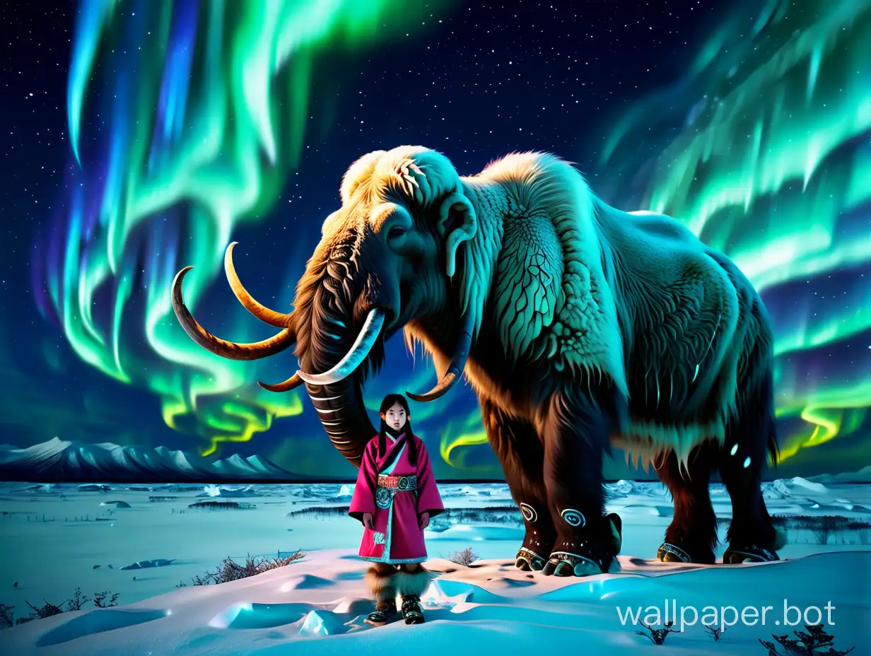 Japanese-Girl-from-Barbarian-Tribe-Standing-Under-Northern-Lights-with-Mammoths-in-Tundra