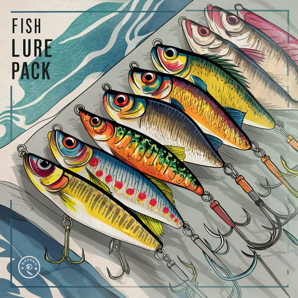 Colorful Fish Lure Pack Design with Vibrant Patterns and Realistic Detailing