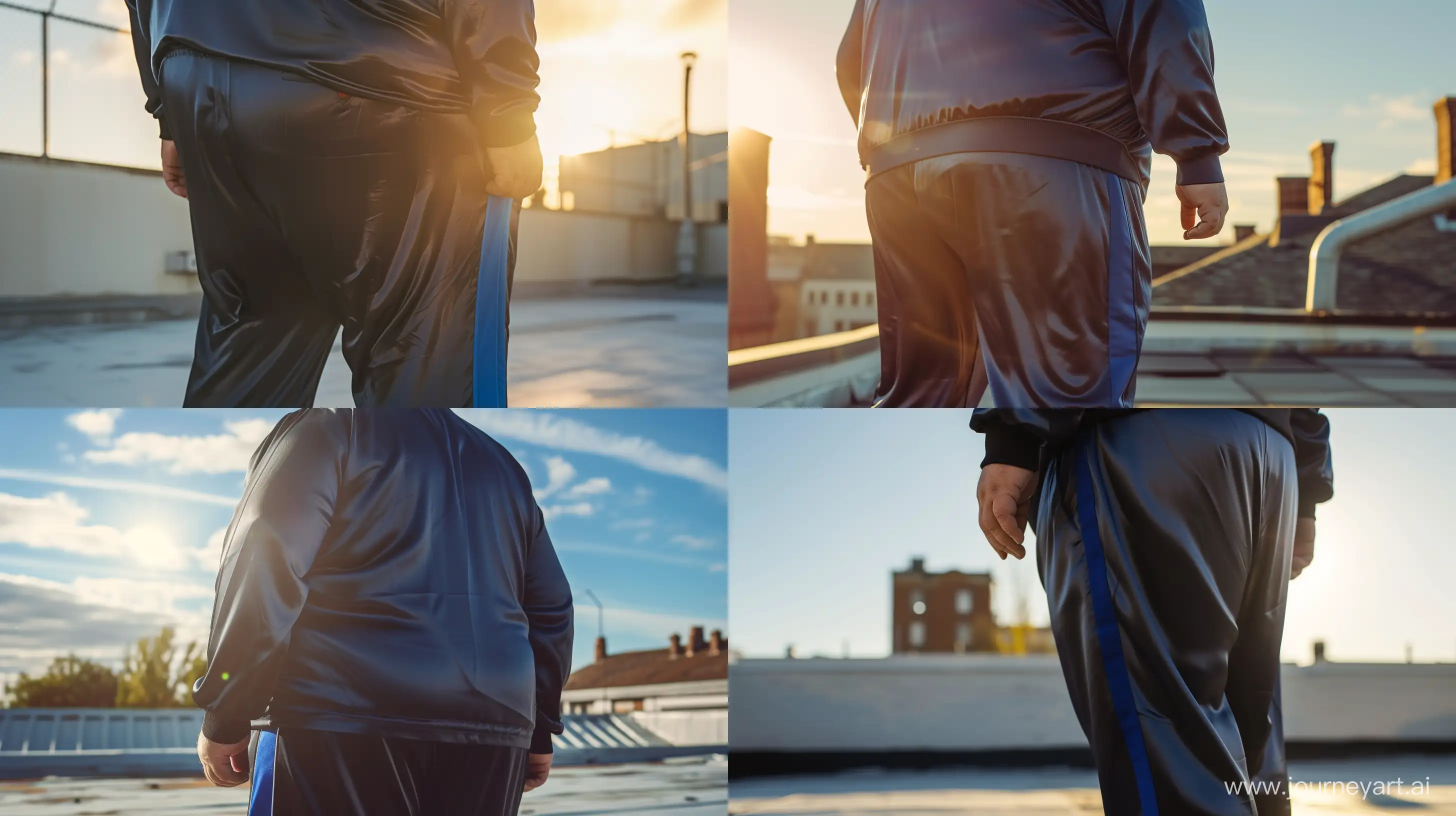 Back view close-up photo of a fat man aged 60 wearing silk navy tracksuit with royal blue stripe on the leg. Rooftop. Studio light --style raw --ar 16:9