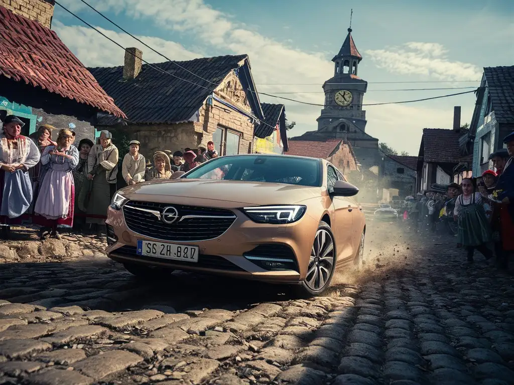 opel insignia speeds through the center of the Ukrainian village, and people look at it