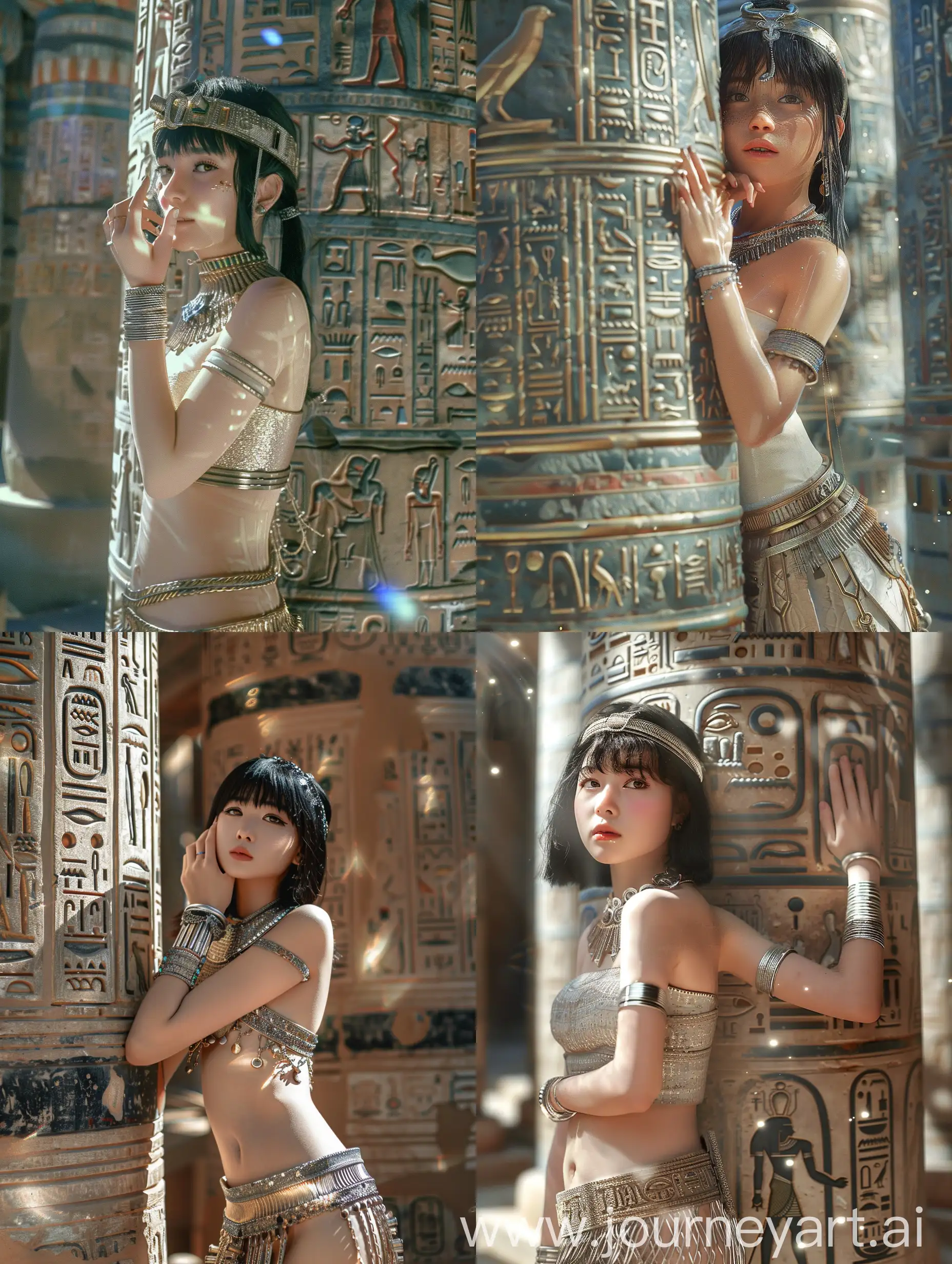 inside egyptian palace, large column with many details carved in ancient egyptian style, an asian girl, 21 years old, hand on the column, girl with black hair small details, cheeks rosy and very beautiful. Cool, her hand raised to her chin gracefully, wearing a metal headband, silver bracelets, meticulously detailed gold necklace, earrings, metal woven into a soft short skirt, she has a stunning figure, a light Bright art studio style, focus on the subject, shimmering metal refracting light