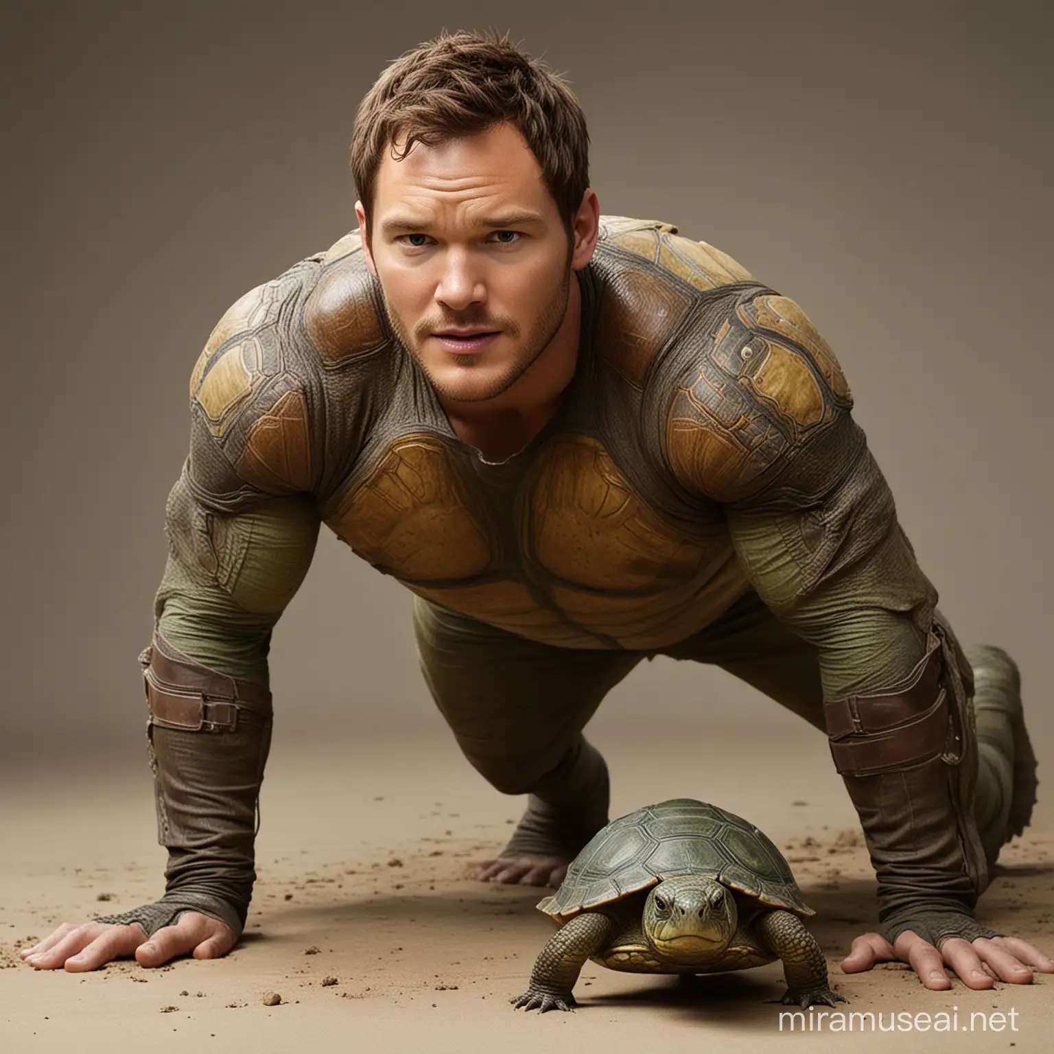 Chris Pratt on all fours transforming into a turtle. He's green. He has a turtle shell. And his head is human.