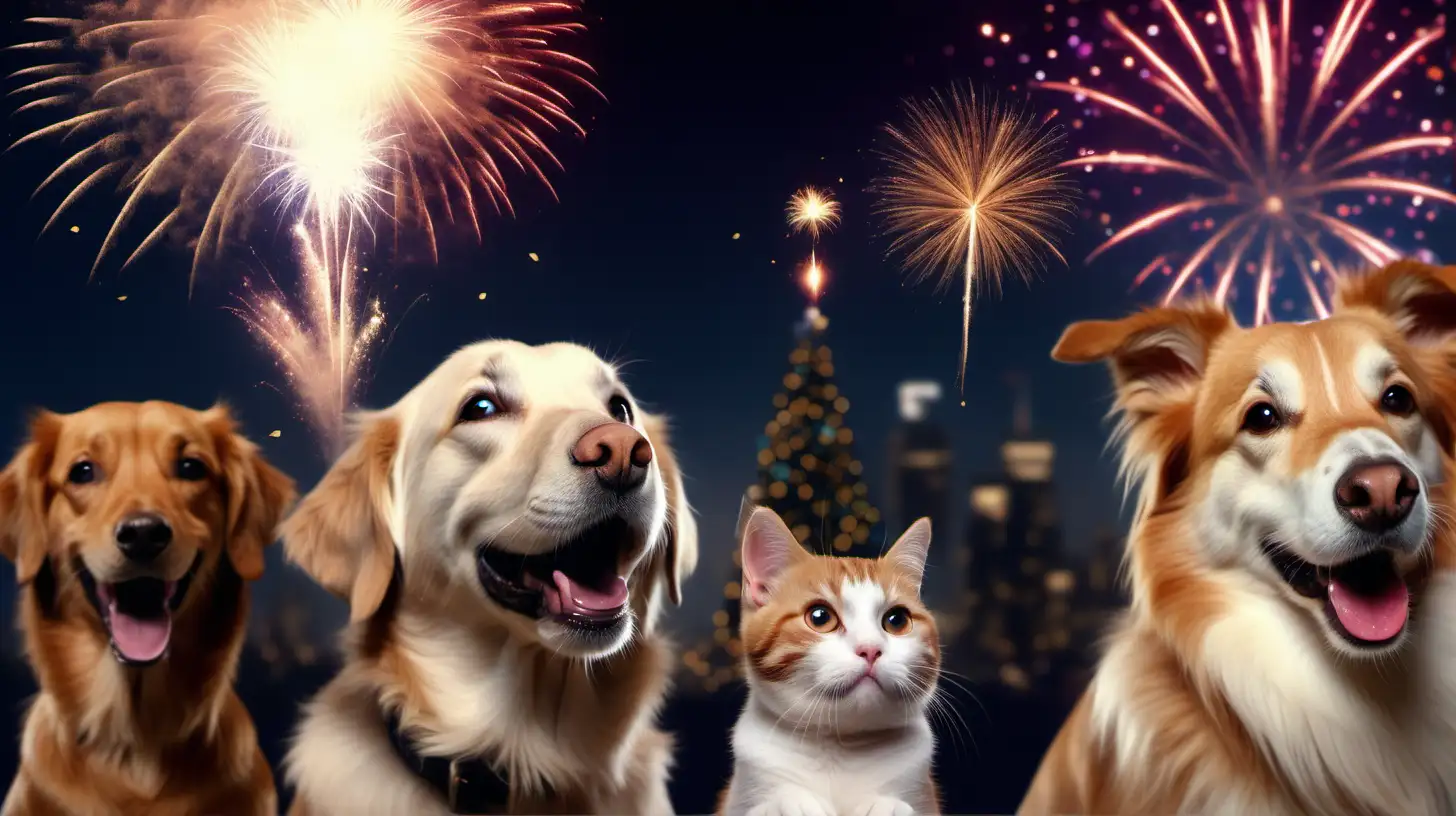 medium portrait shot of a happy animals dogs, cats, horses, fireworks in the background, and Happy New Year 2024. close-up shot, UHD, cinematic shot with camera 35 m. wide
