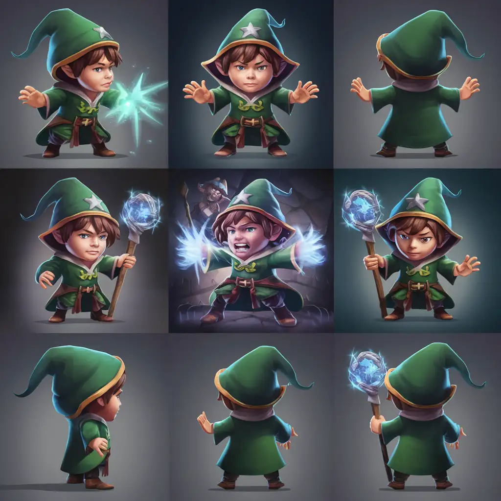 make a young wizard game character. use different angles (him facing the side, facing the front, facing the back, attacking someone, etc.)