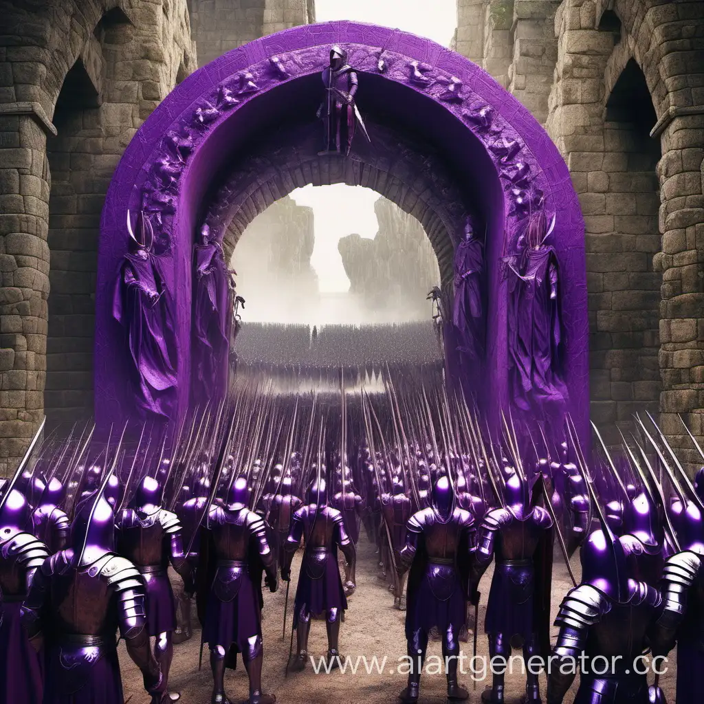 множество средневековых воинов уходят в огромный фиолетовый портал который стоит впереди их,воины стоят спиной

