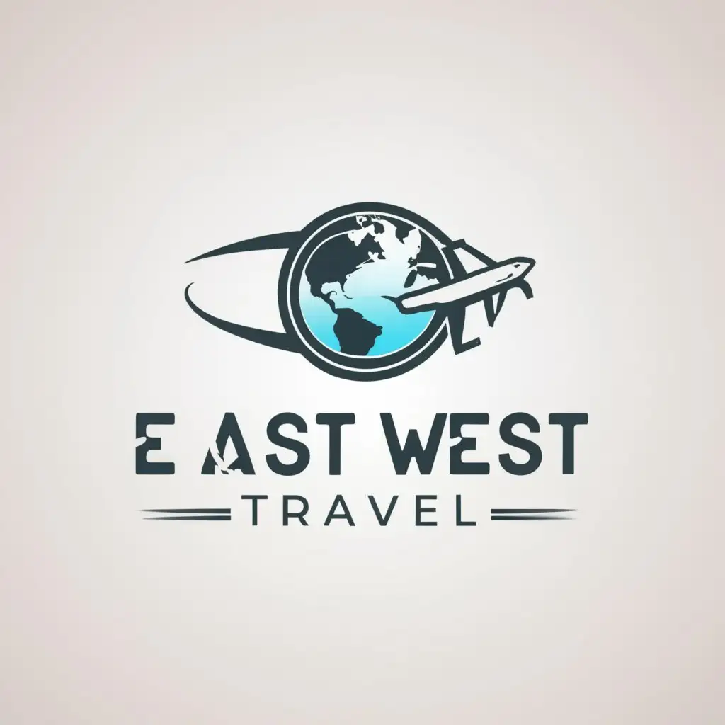 a logo design, with the text 'east west TRAVELS', main symbol: Globe, Aeroplane, Minimalistic, to be used in Travel industry, clear background