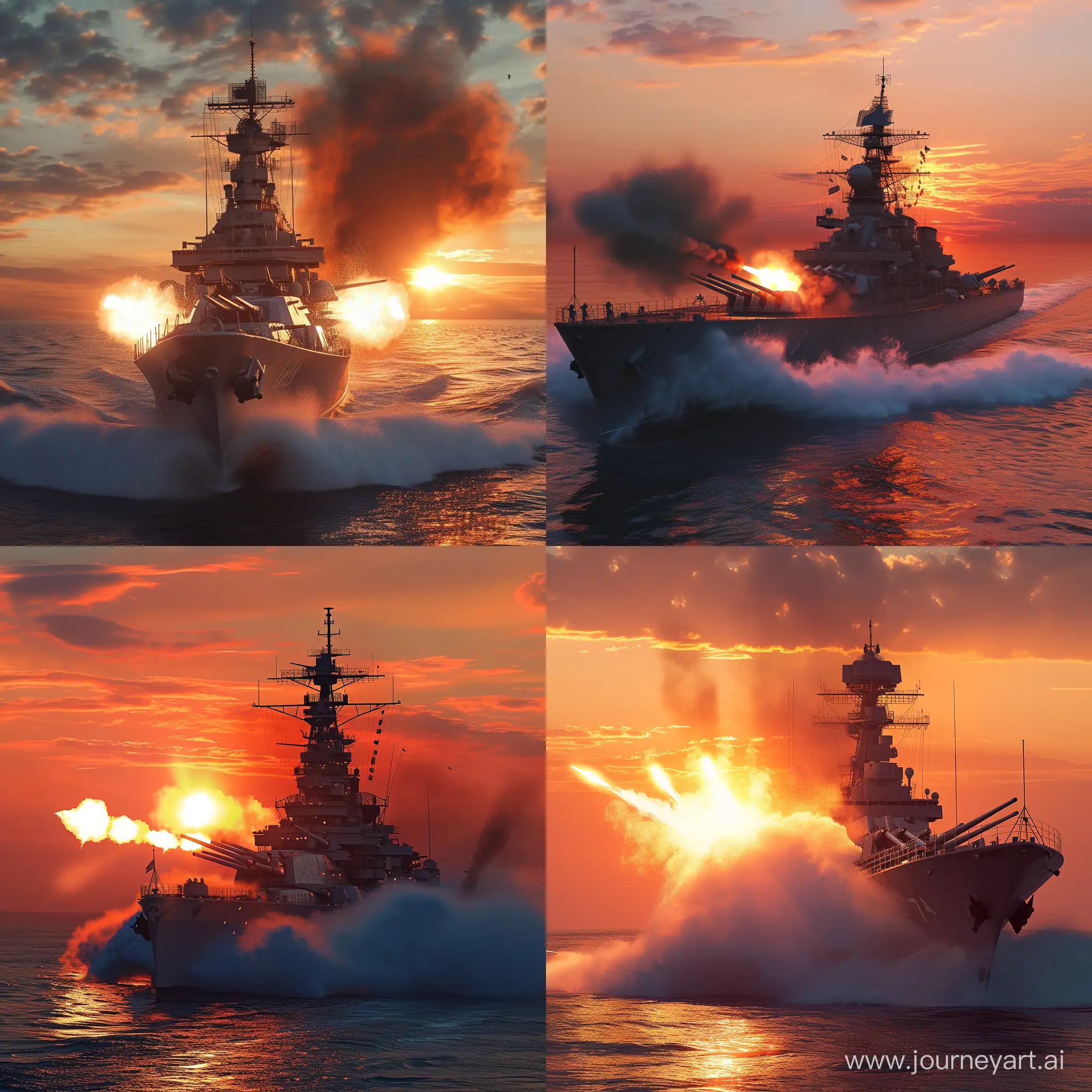 Hyper realistic photo of a battleship turning and making wave while firing weapons in sunset --v 6 --ar 1:1 --no 89017