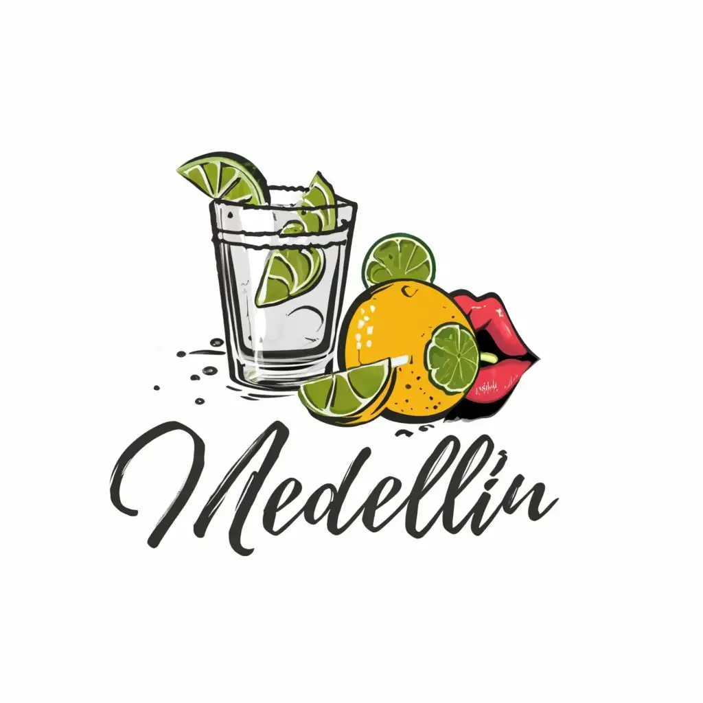 logo, glass of tequilla and lemon and women lips without colors and black and white all of it, with the text "Medellin", typography