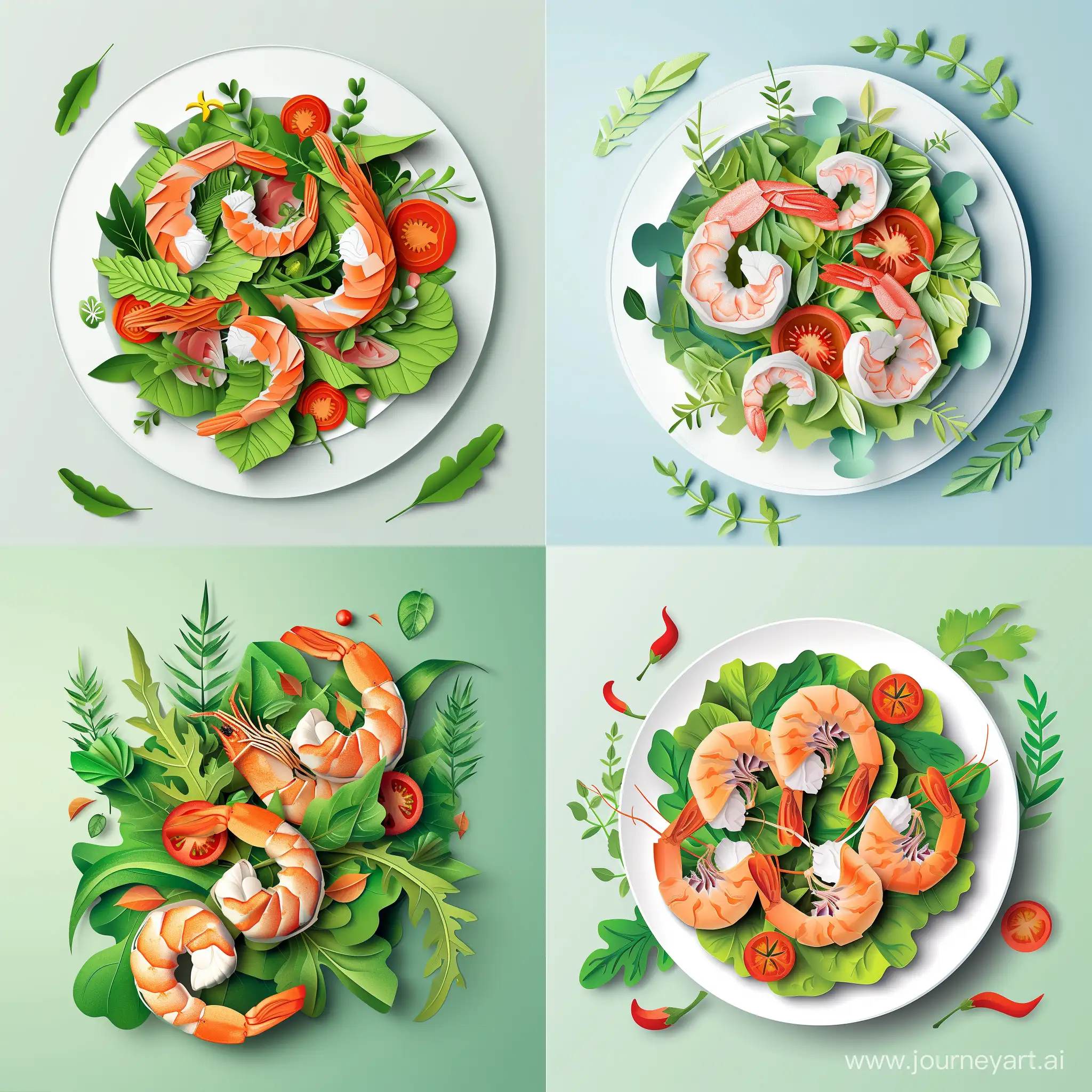 cut paper art of salad with shrimp and tomato, high quality details, in vector style