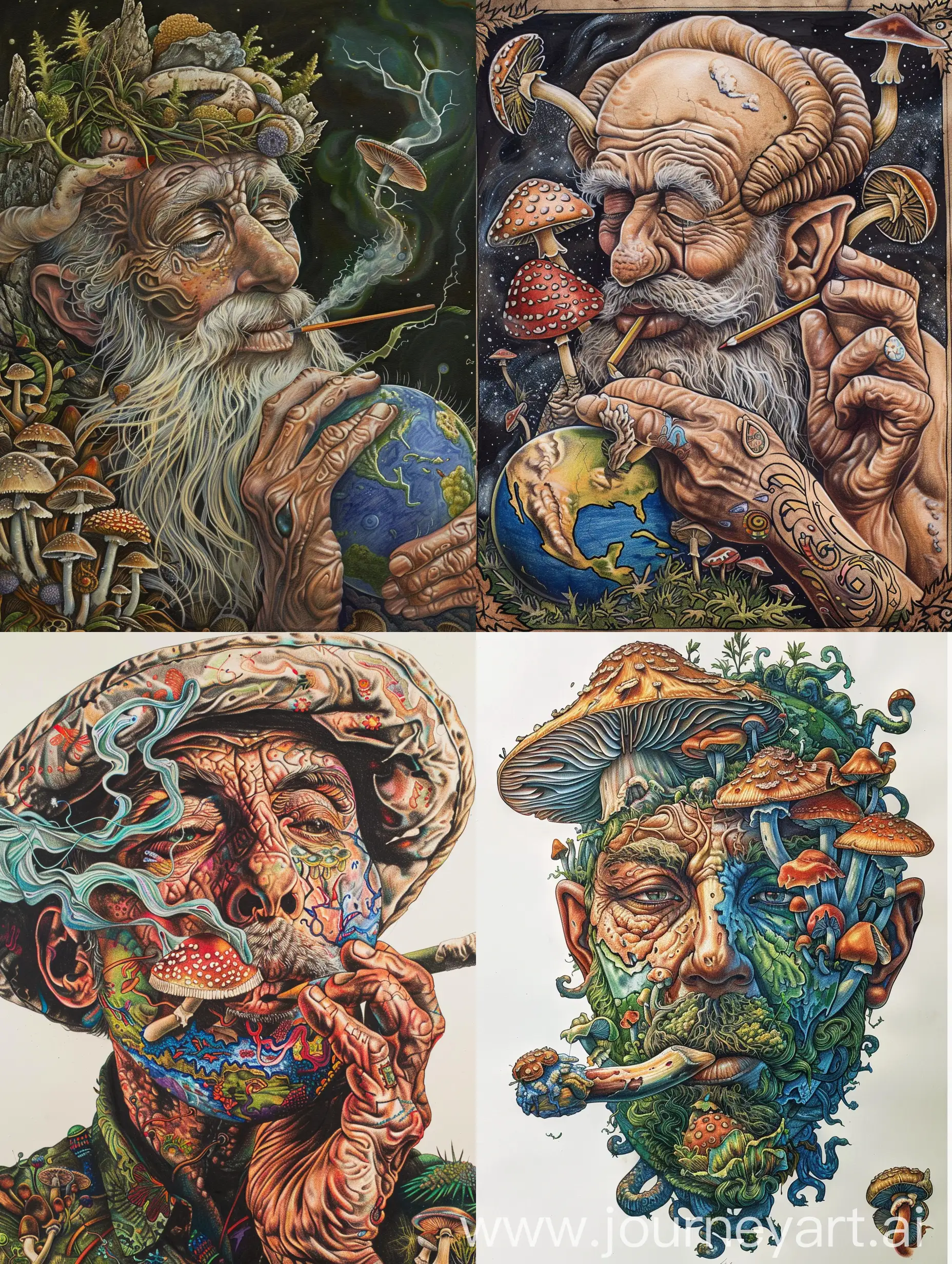 God eating psychedelic mushrooms drawing the earth, psychedelic portraiture, highly detailed