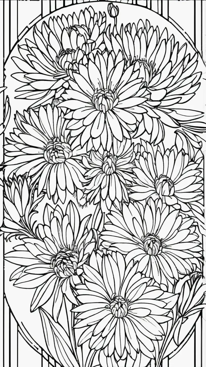 coloring book image, thin black lines, patterned floral mandala pattern, Aster blossoms