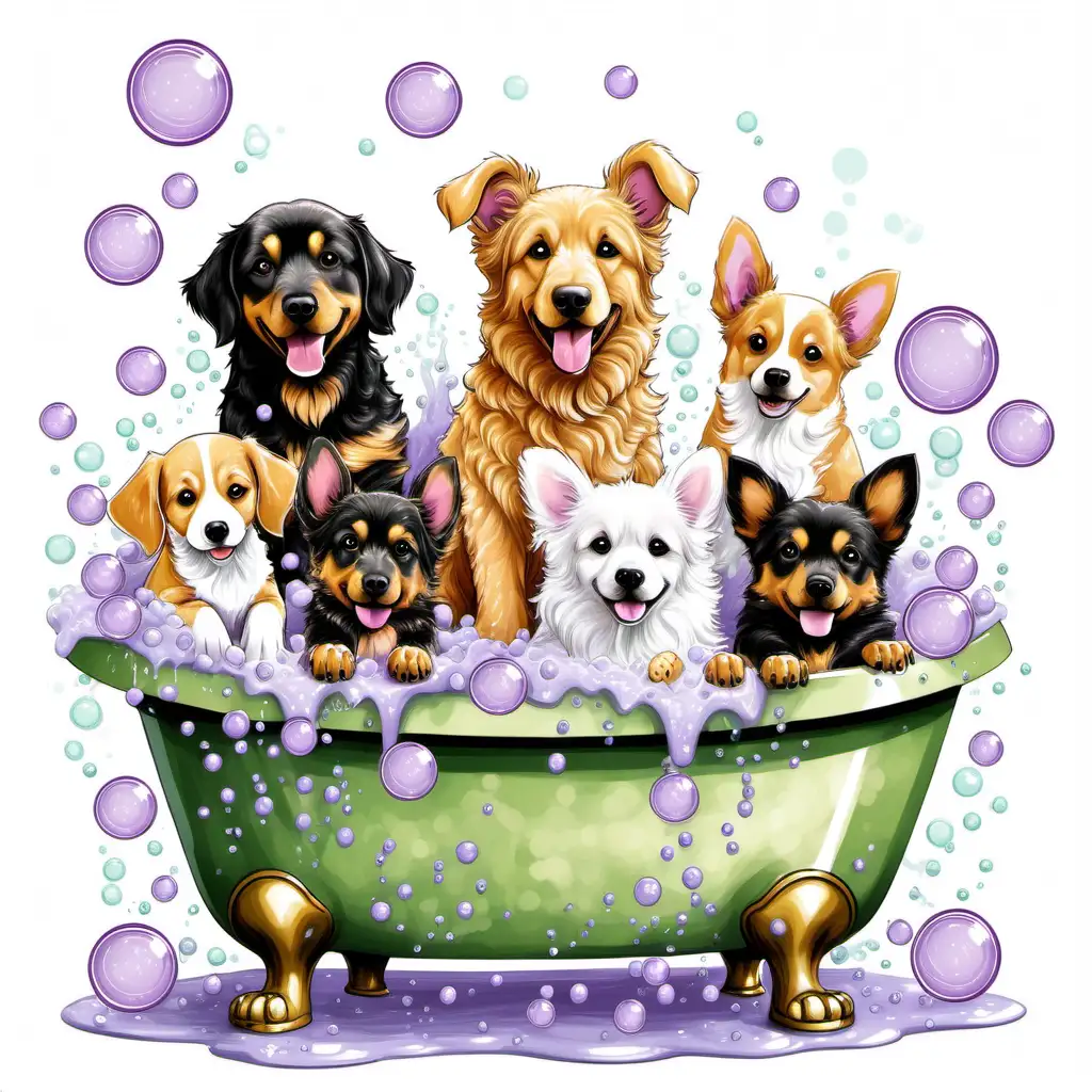 Whimsical illustration of an adorable goldendoodle, german shepherd, Corgie, chihuahua and dauschund in a green claw foot wash tub with light purple bubbles all around with a white background