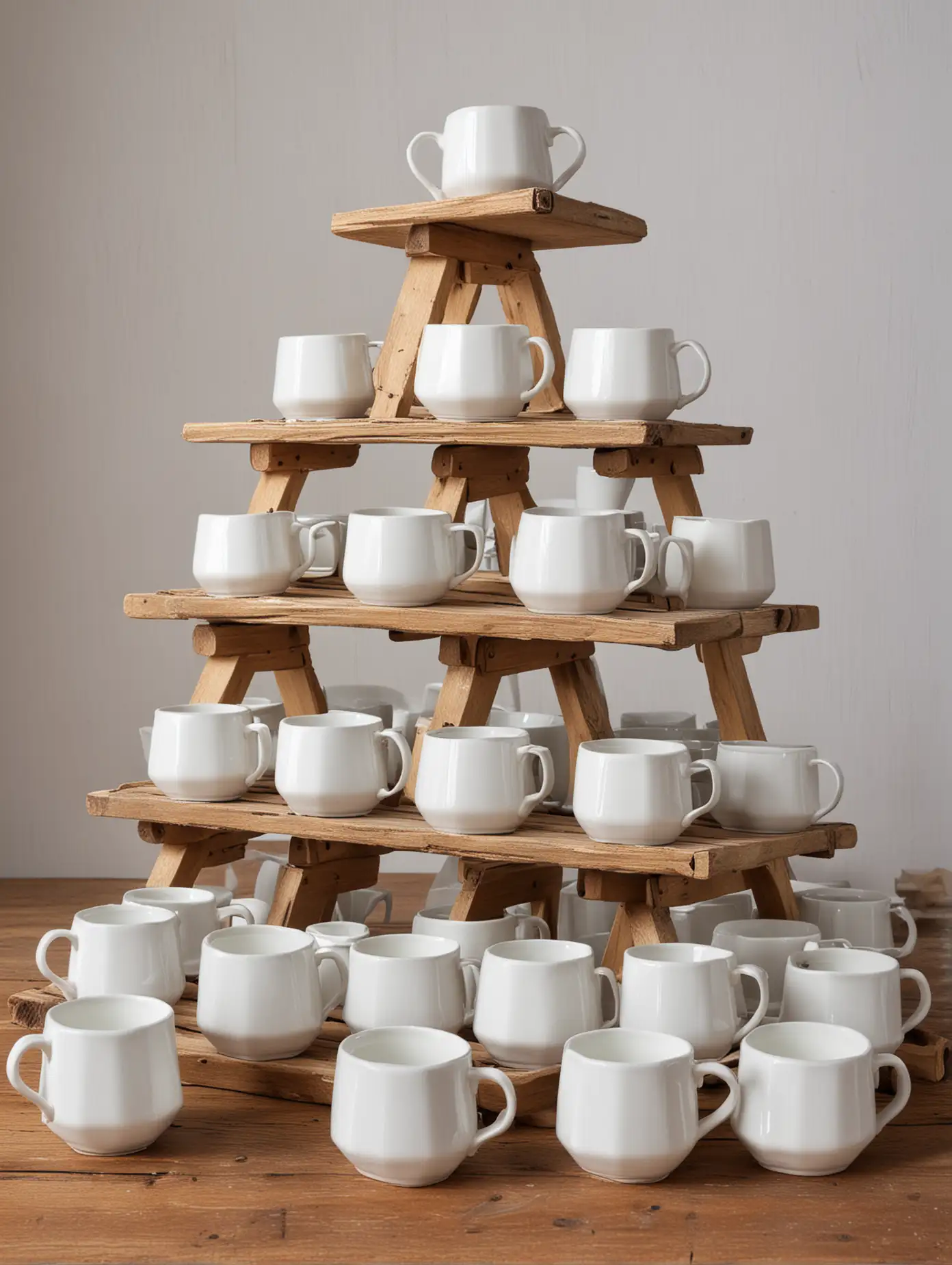 Vintage Table Displaying 20 White Mugs in a Pyramid Formation