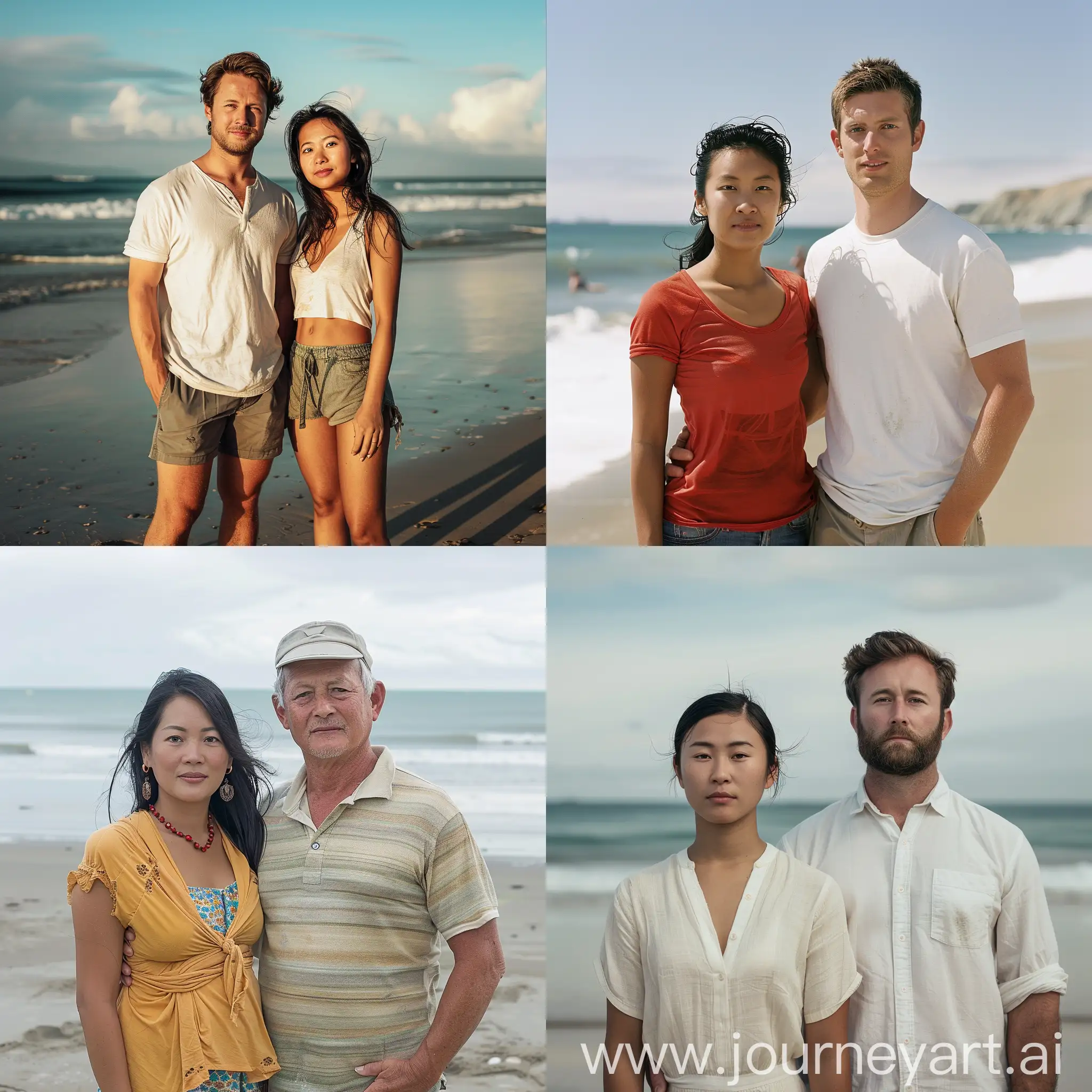 Asian woma white man standing on beach