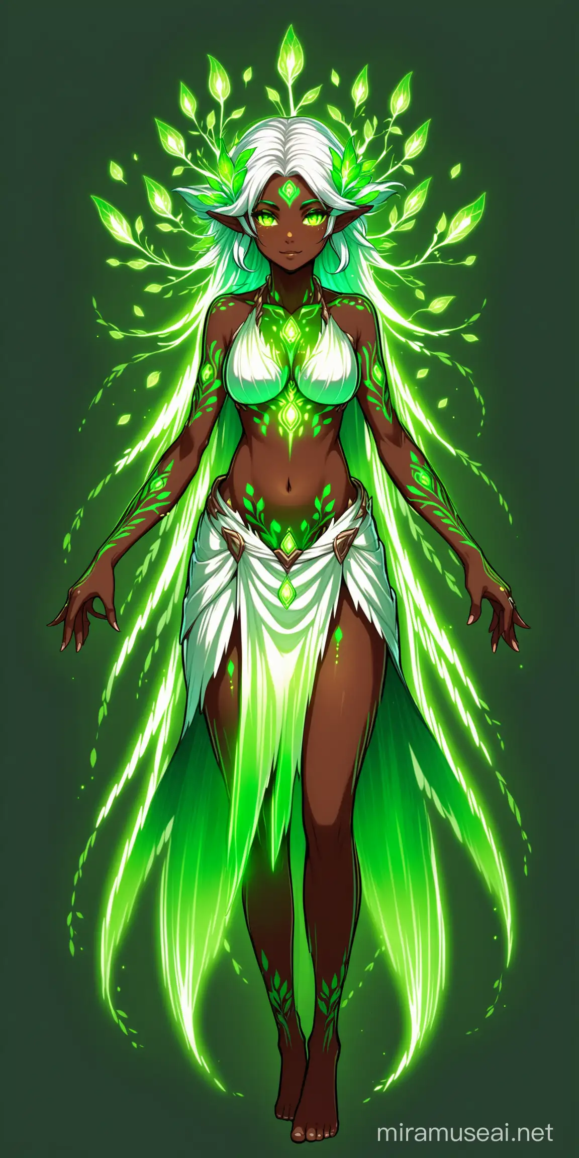 Dryad, mature woman, dark skin, white hair, glowing green tattoos, green eyes, no background, character sprite