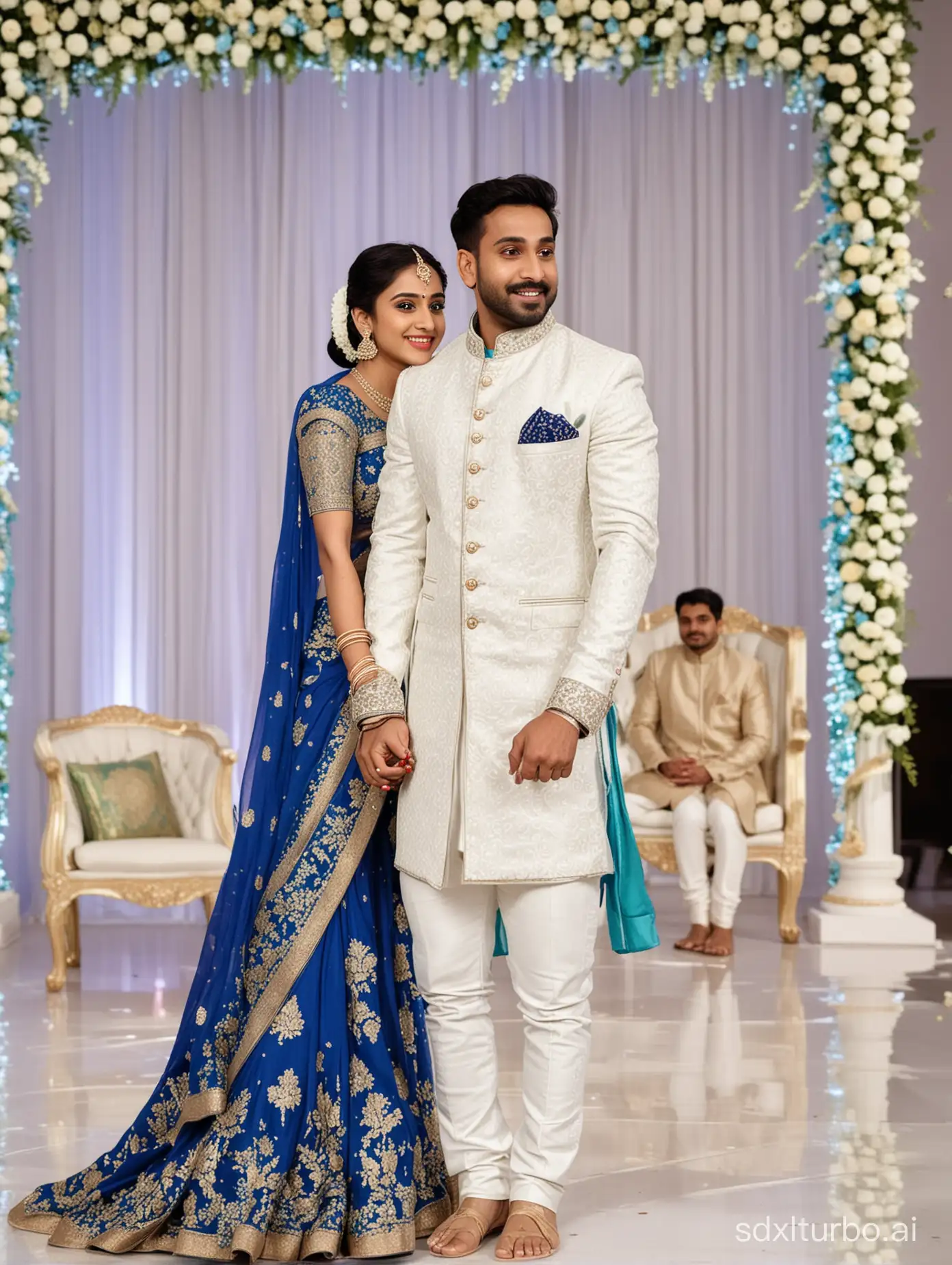 South Indian Bride in royal blue saree and  groom in aqua-white jodhpuri suit without petha on stage with white floral background