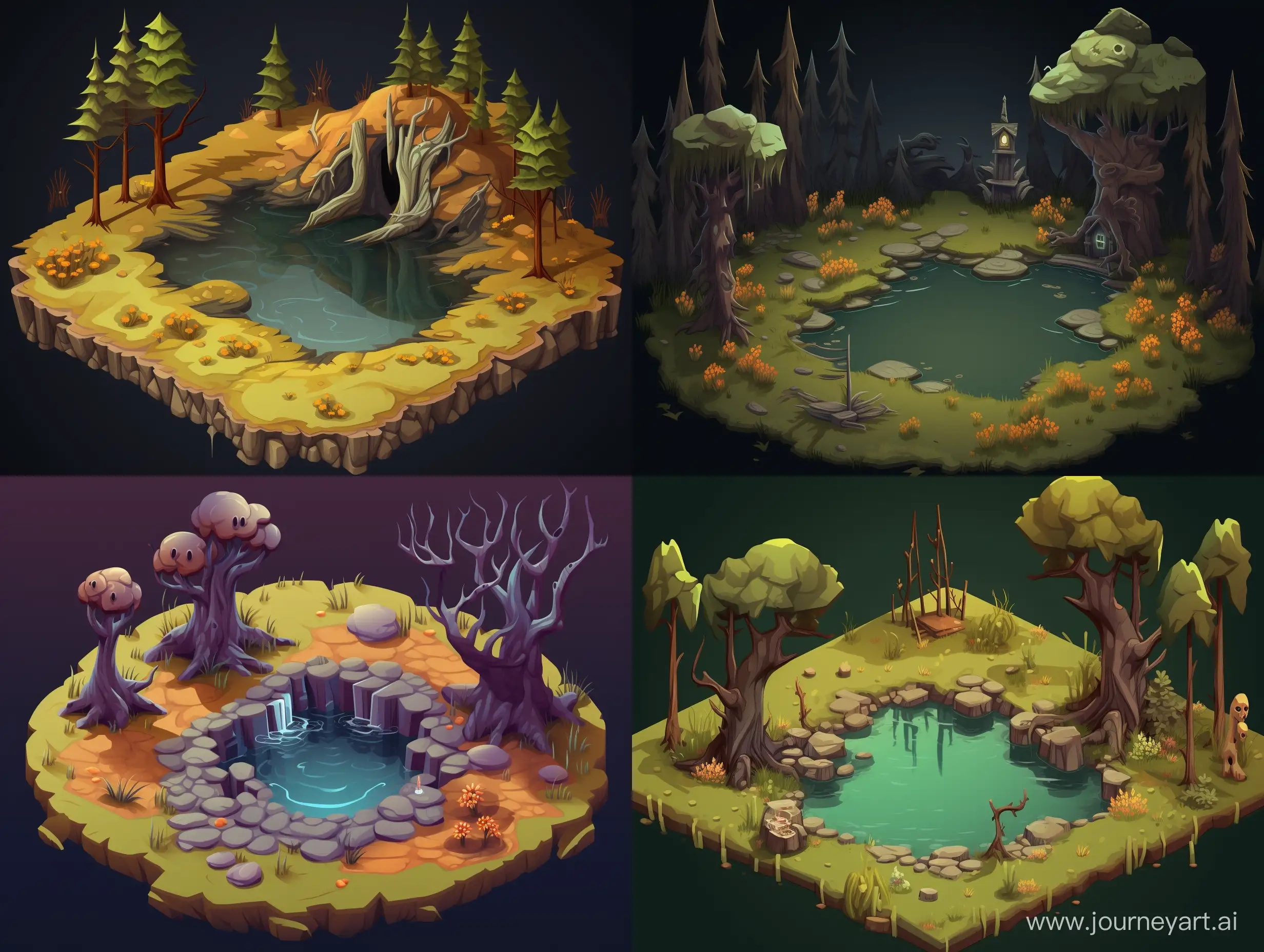 Spooky-Isometric-Halloween-Scene-with-Living-Tree-by-Small-Pond