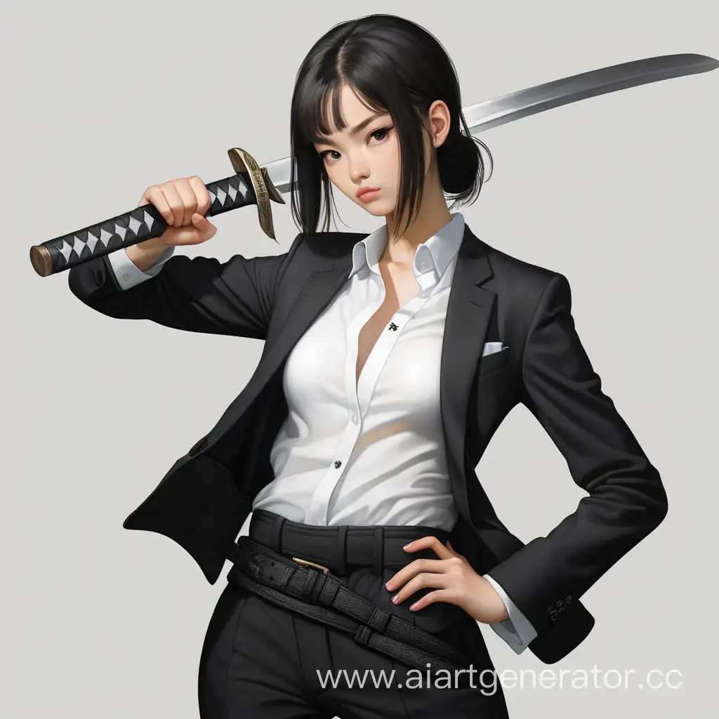 Young woman in a white shirt and black suit jacket, katana sheath behind her back