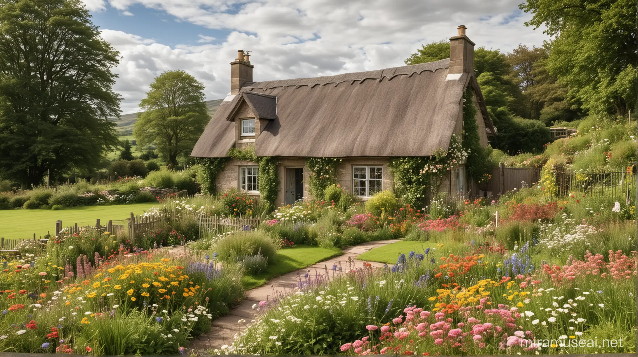 scottish cottage, covered in flowers, with a view of a field and a beautiful garden, pastoral and picturesque, with soft light
