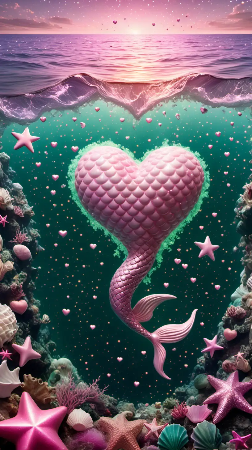  floating seafoam heart above a sea, pink stars in the air, mermaid, park, friends