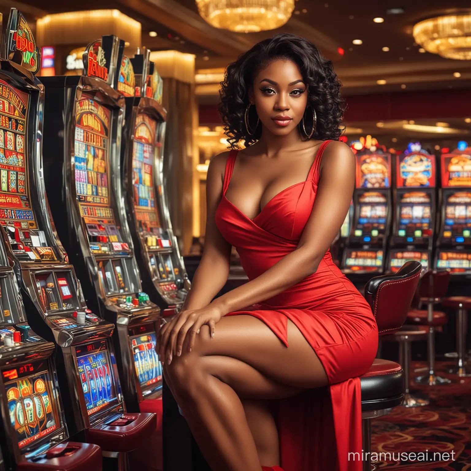 Beautiful Black woman sitting and playing slots at a casino. She should have massive breats and an hour glass figure and be in a red dress and red high heel shoes on.