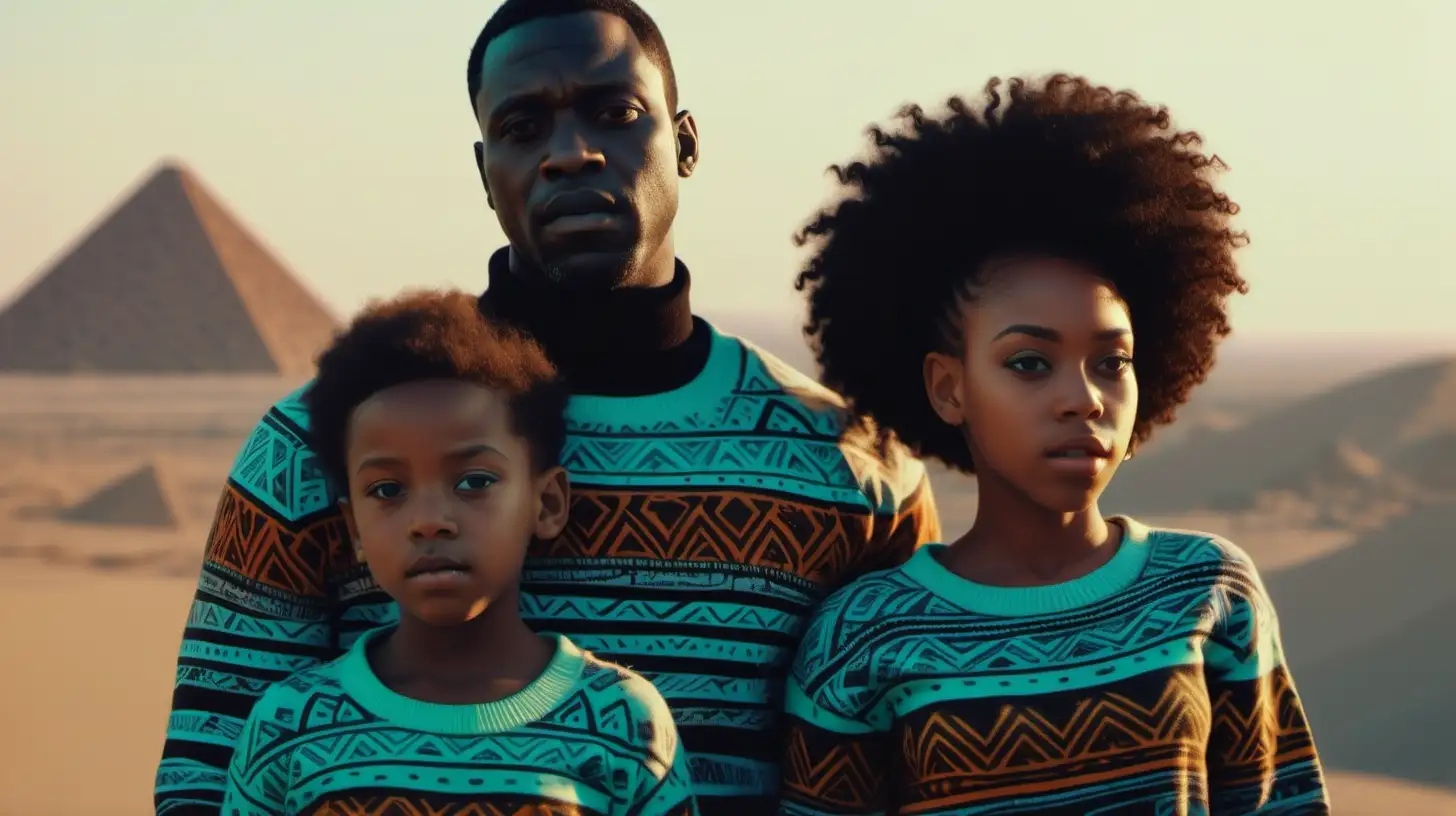 close up of a black man a black women and a black child, wearing modern african print sweaters, in the desert, with a huge crowd behind them, A distant city in Egypt in background, Break of Dawn sky in the distance Ultra 4k, high definition, 1080p resolution, lighting is volumetric with a light greenish teal hue