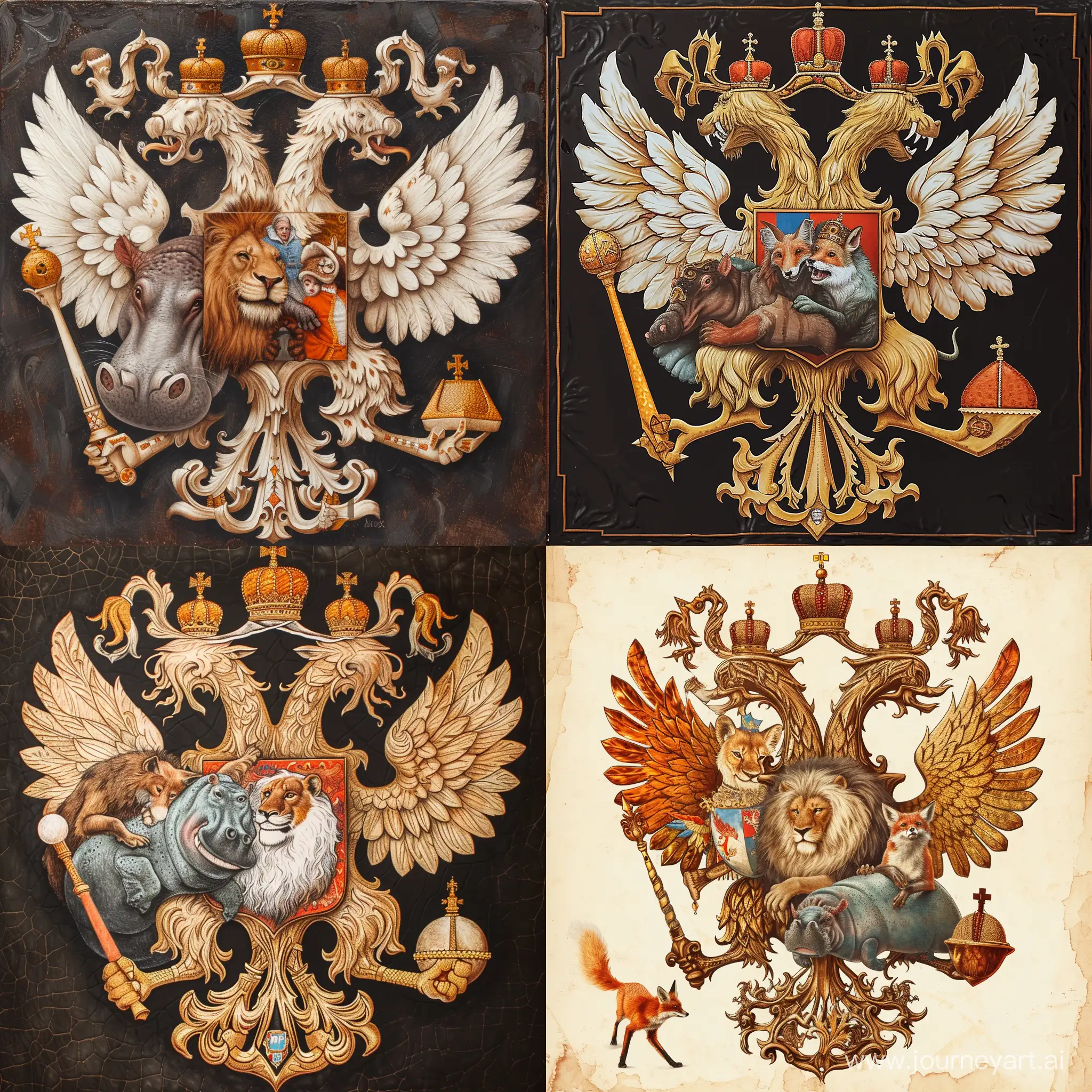 герб русской семьи с элементами льва, бегемота, орла, лисицы