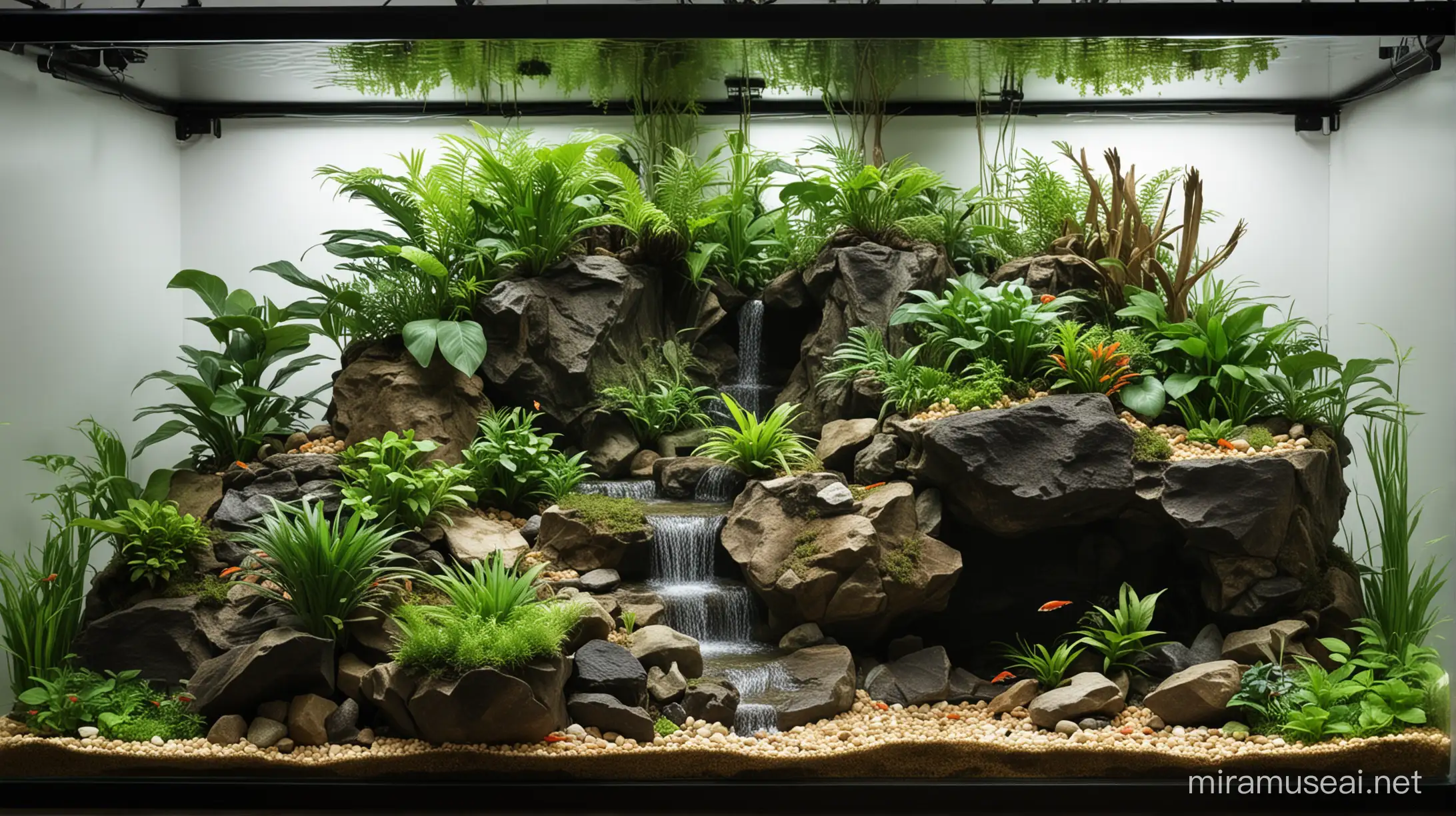 A snake tropical paludarium in a 130cm x 45cm x 45 cm terrarium with an lake-like zone for fishes and with a cliff waterfall cascade.
