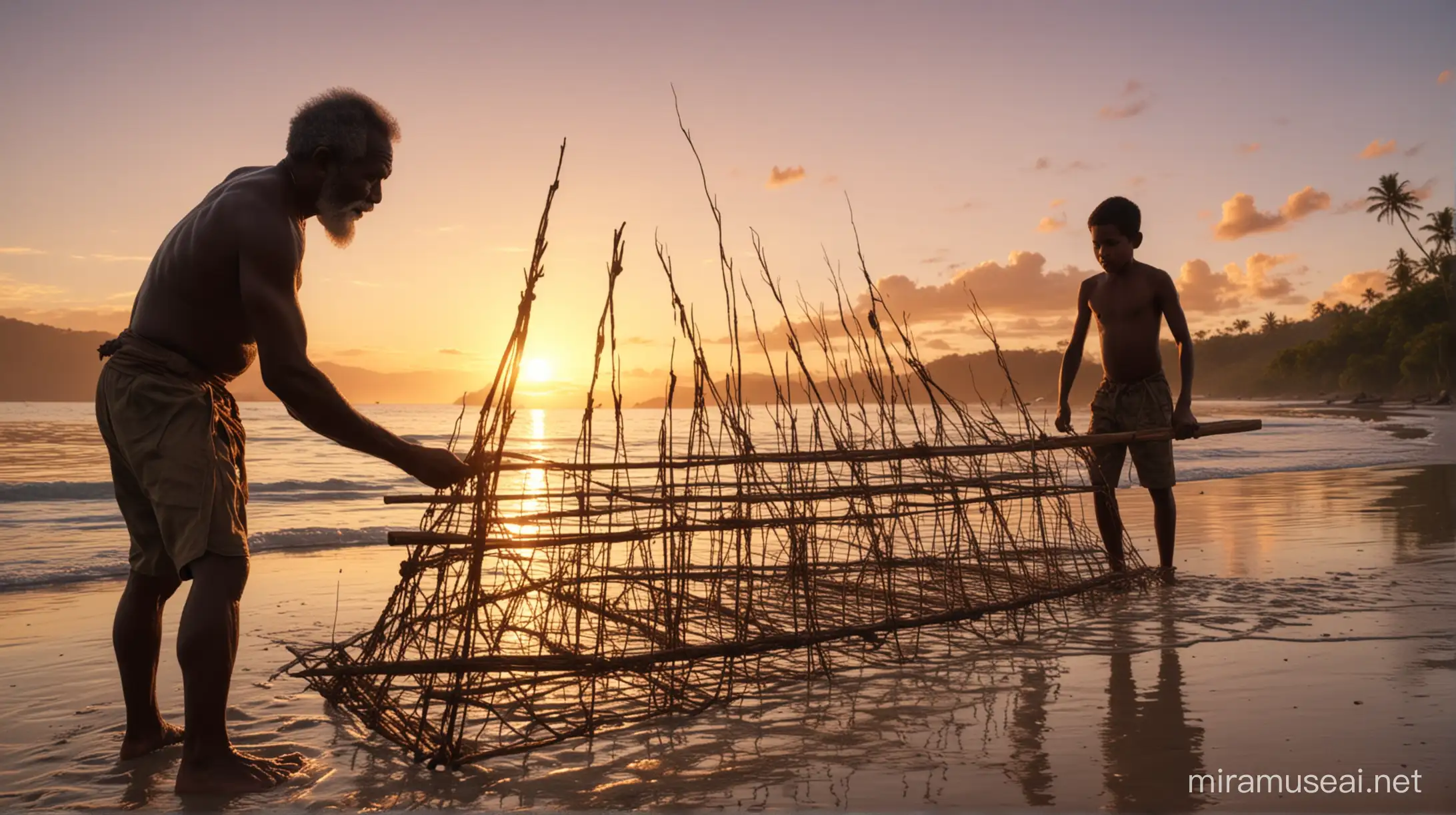 Papua Grandfather Crafting Fish Traps with Grandchildren at Sunset