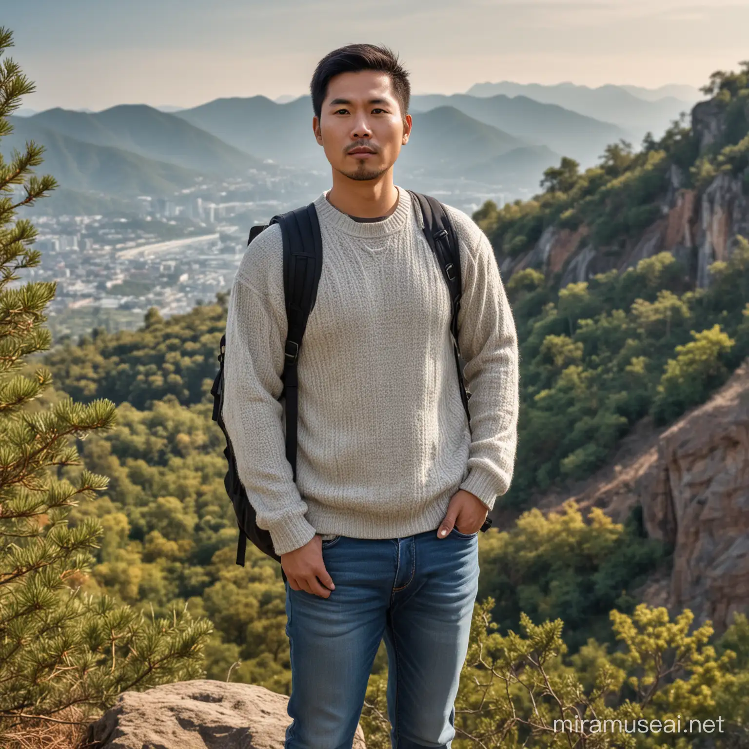 Realistic photography A 33 year old Asian man, standing on a mountain hill, (curvy body) big breasts, wearing a sweater, jeans, backpack, high cliff, many trees, posing, looking at the viewer, HDR.