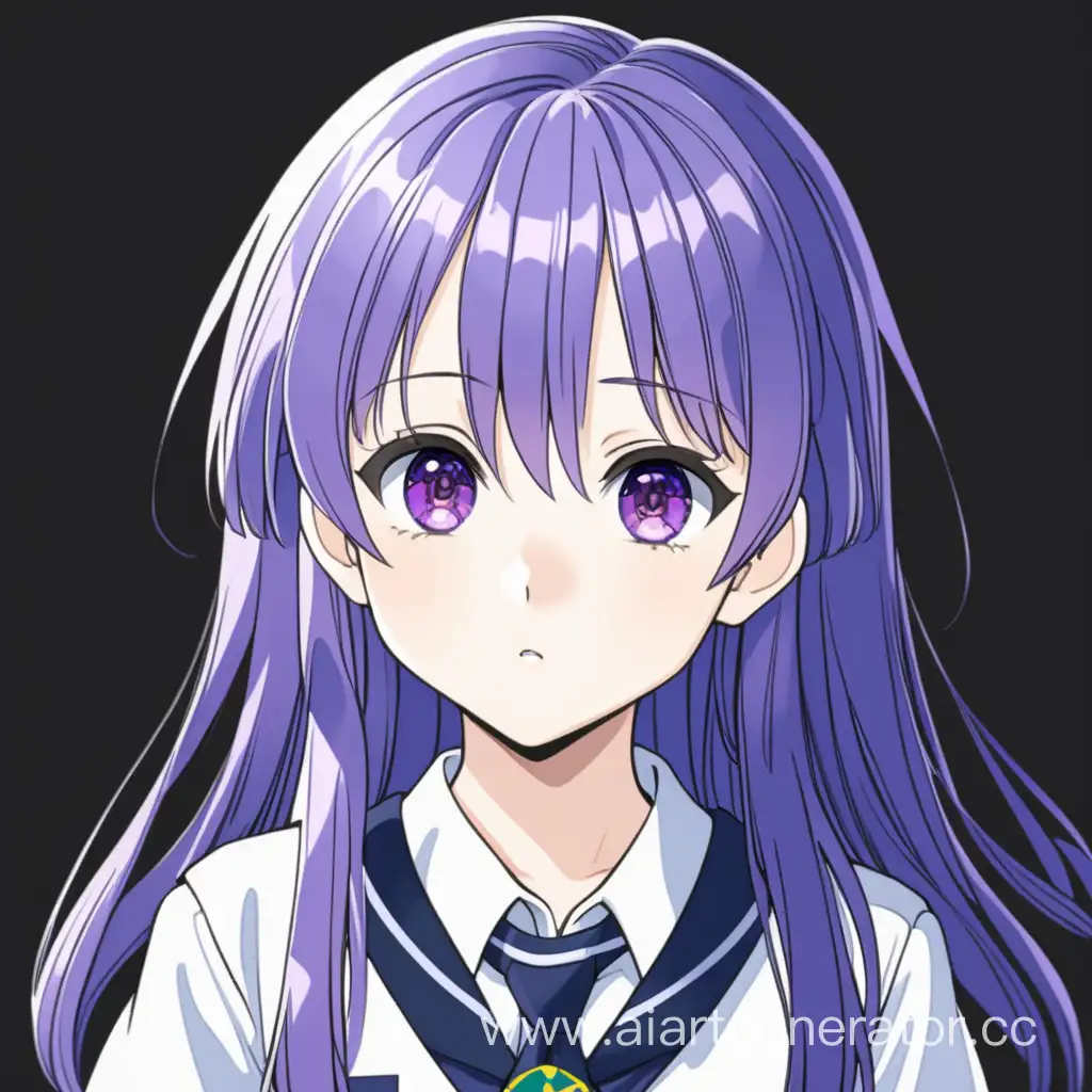 Стиль аниме, высокое разрешение невысокая девушка с маленькой грудью одетая в школьную форму фиолетовые глаза, длинные сине-фиолетовые волосы, возраст 16 лет, на черном фоне