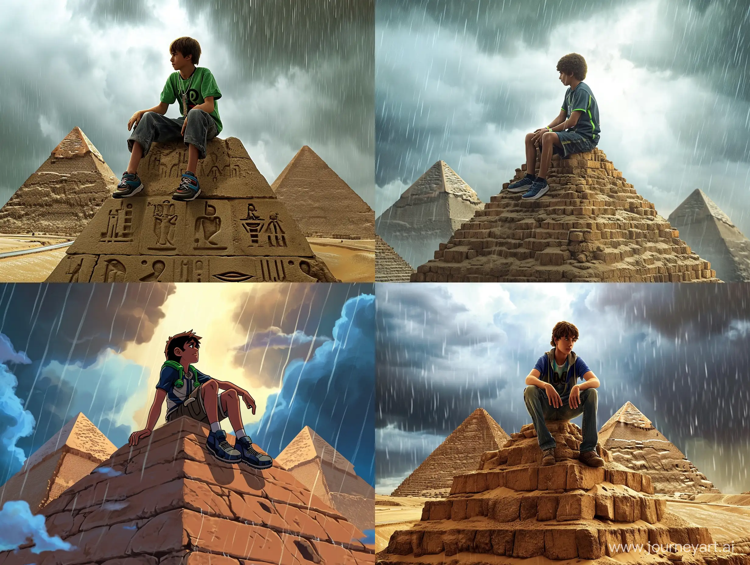 kevin levin from ben 10 sitting on top of the egyptian pyramids while sky is raining 
