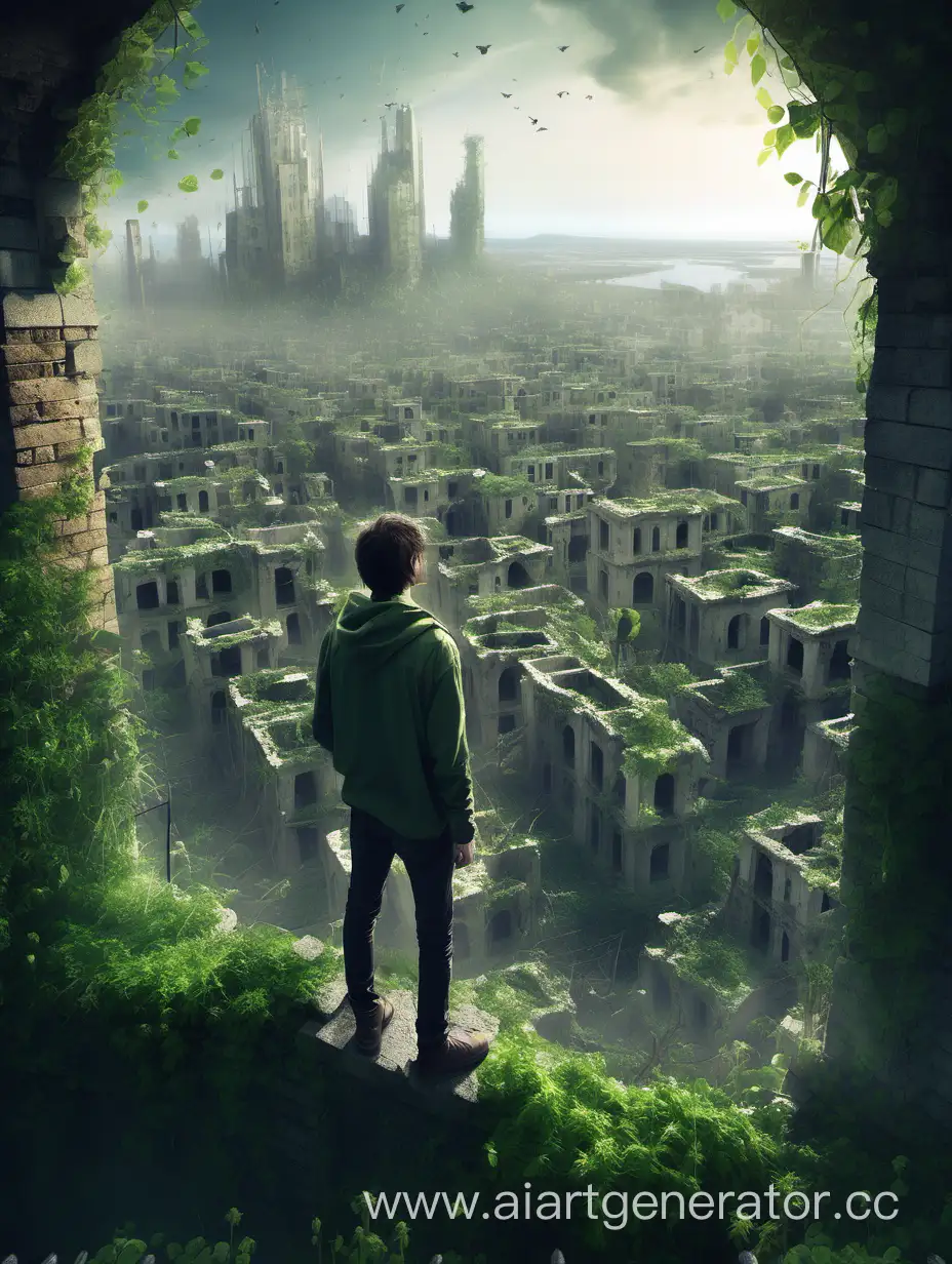 парень стоит на руинах города и всматривается на горизонт, повсюду мелкие ростки дикой зелени, фэнтези