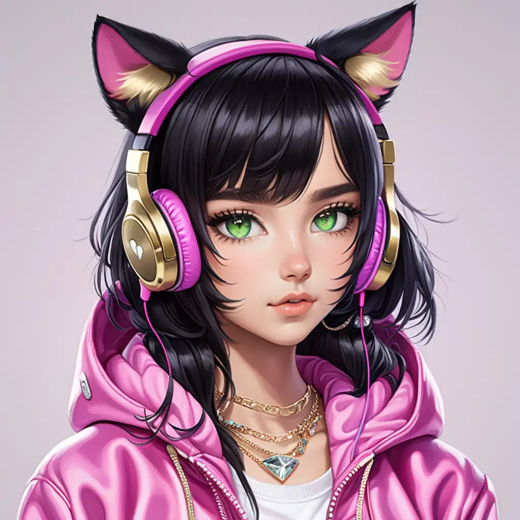 Anime Style Girl with Black Hair and Cute Catthemed Accessories