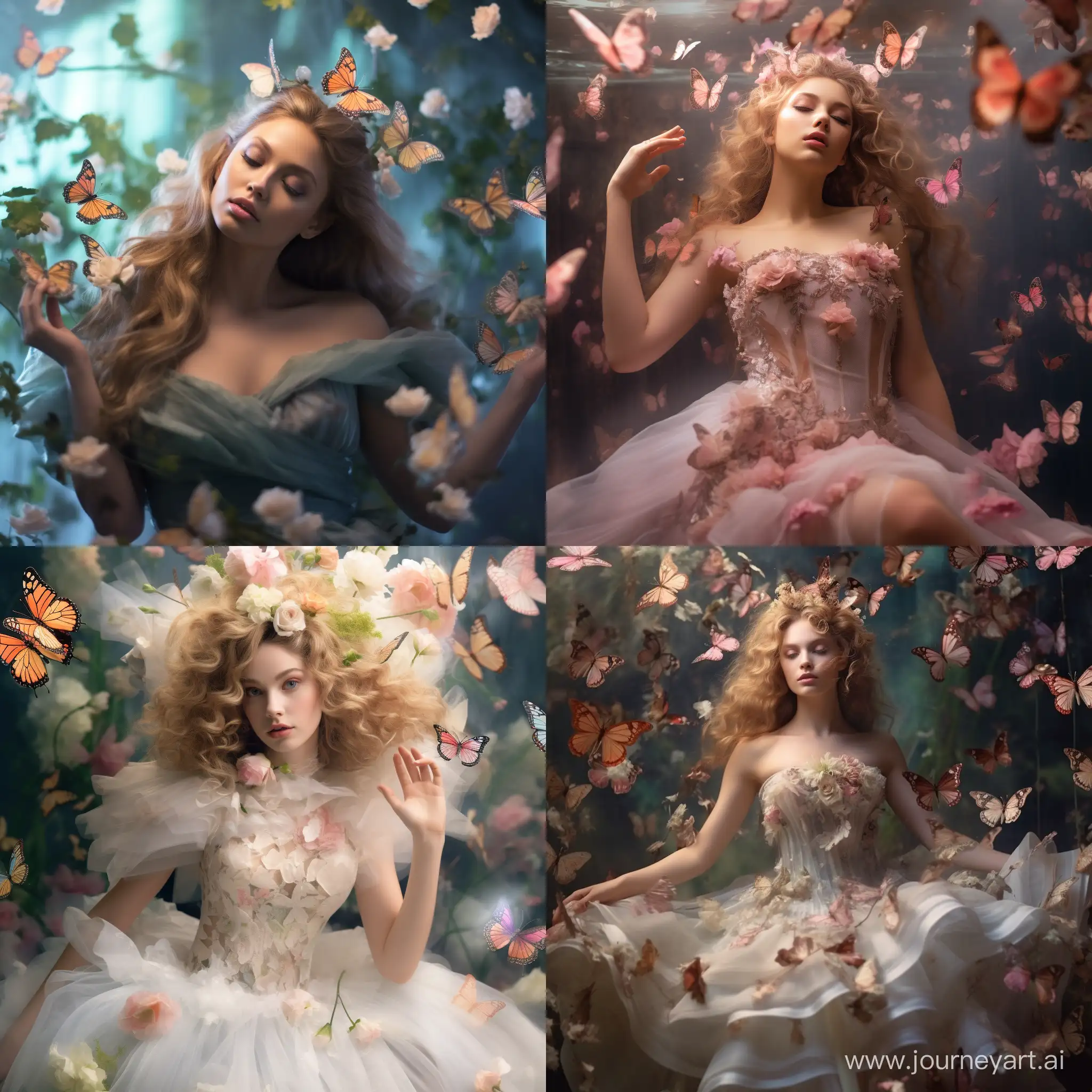 kelly boesch style, whimsical dreamy model, unique fantastical outfit, nature fantasy elements, floating flowers butterflies, lush garden, soft ethereal lighting, 9:16 aspect ratio, moderate artistic level