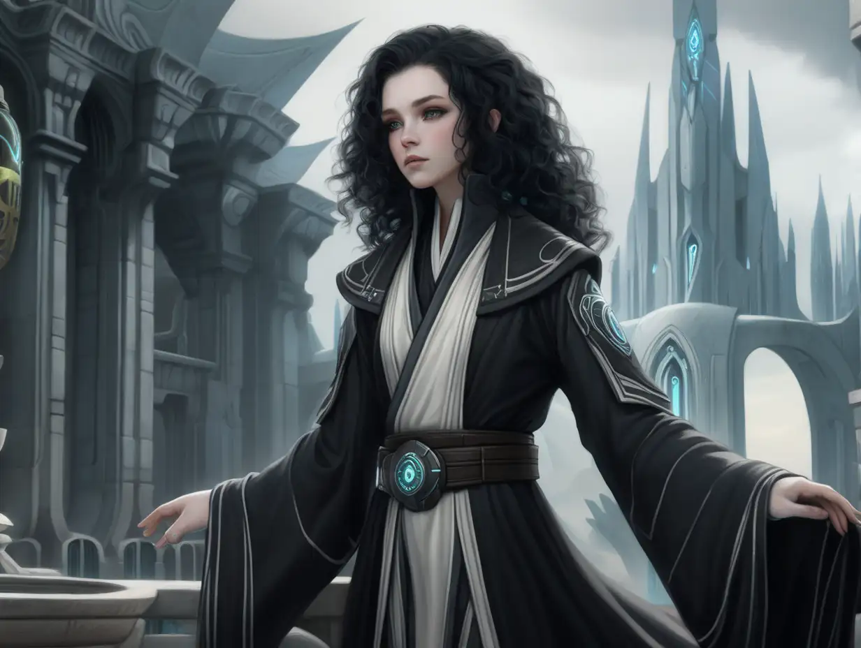 Dreaming city, beautiful, royal attire black curly hair, pale skin, grey eyes, dreaming city, black and grey, jedi robes, female